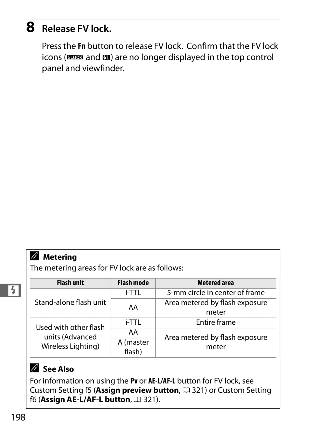 Nikon 6MB07411-03 user manual Release FV lock, 198, Metering areas for FV lock are as follows, Flash unit, Metered area 