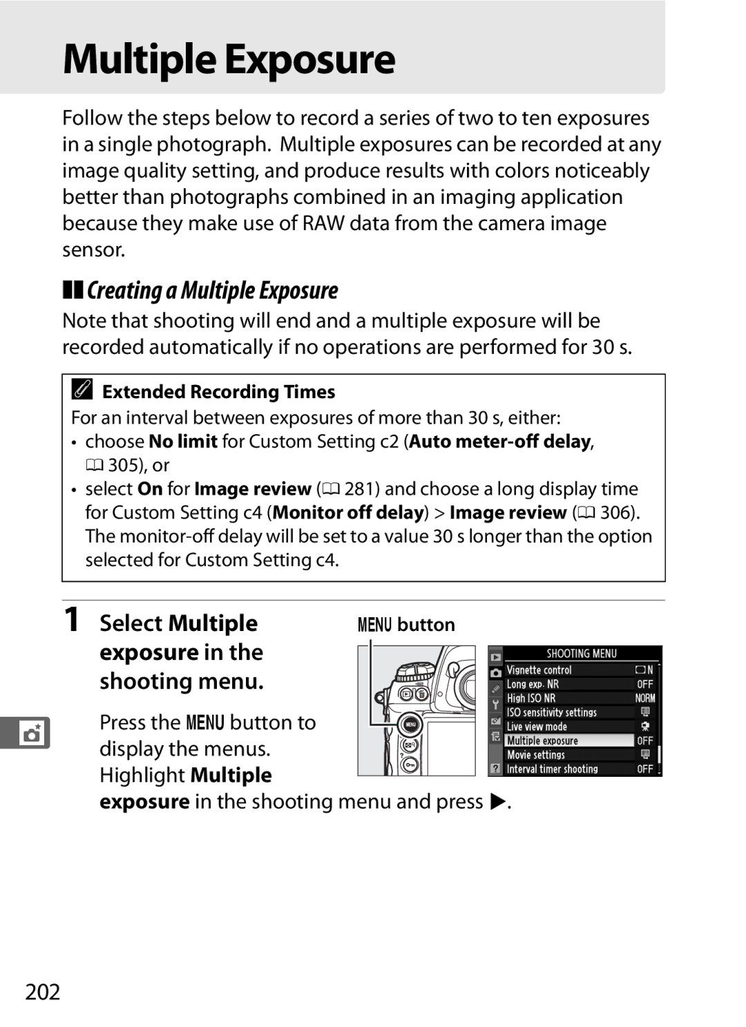 Nikon 6MB07411-03 user manual Creating a Multiple Exposure, Select Multiple, Exposure Shooting menu, 202 