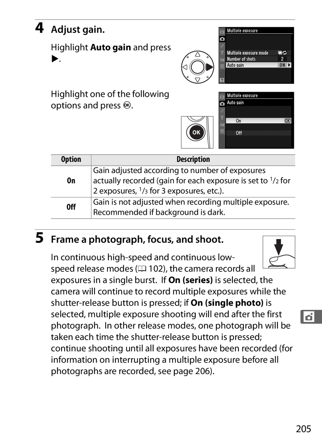 Nikon 6MB07411-03 user manual Adjust gain, 205, Continuous high-speed and continuous low 