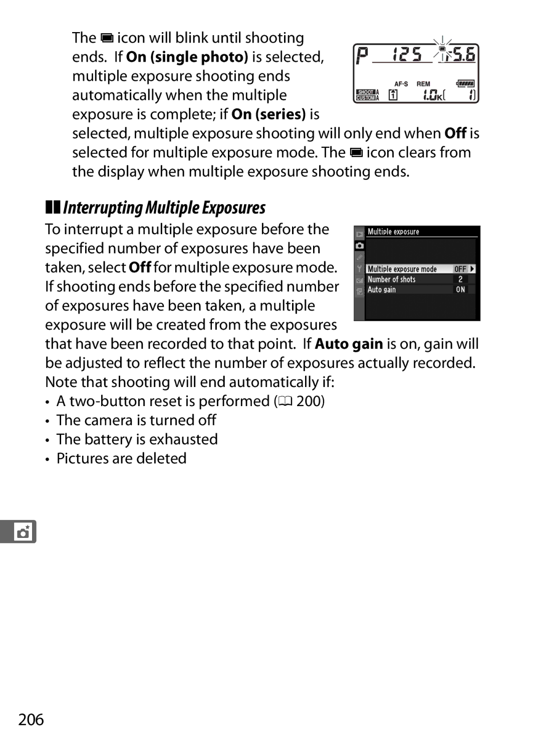 Nikon 6MB07411-03 user manual Interrupting Multiple Exposures, 206 