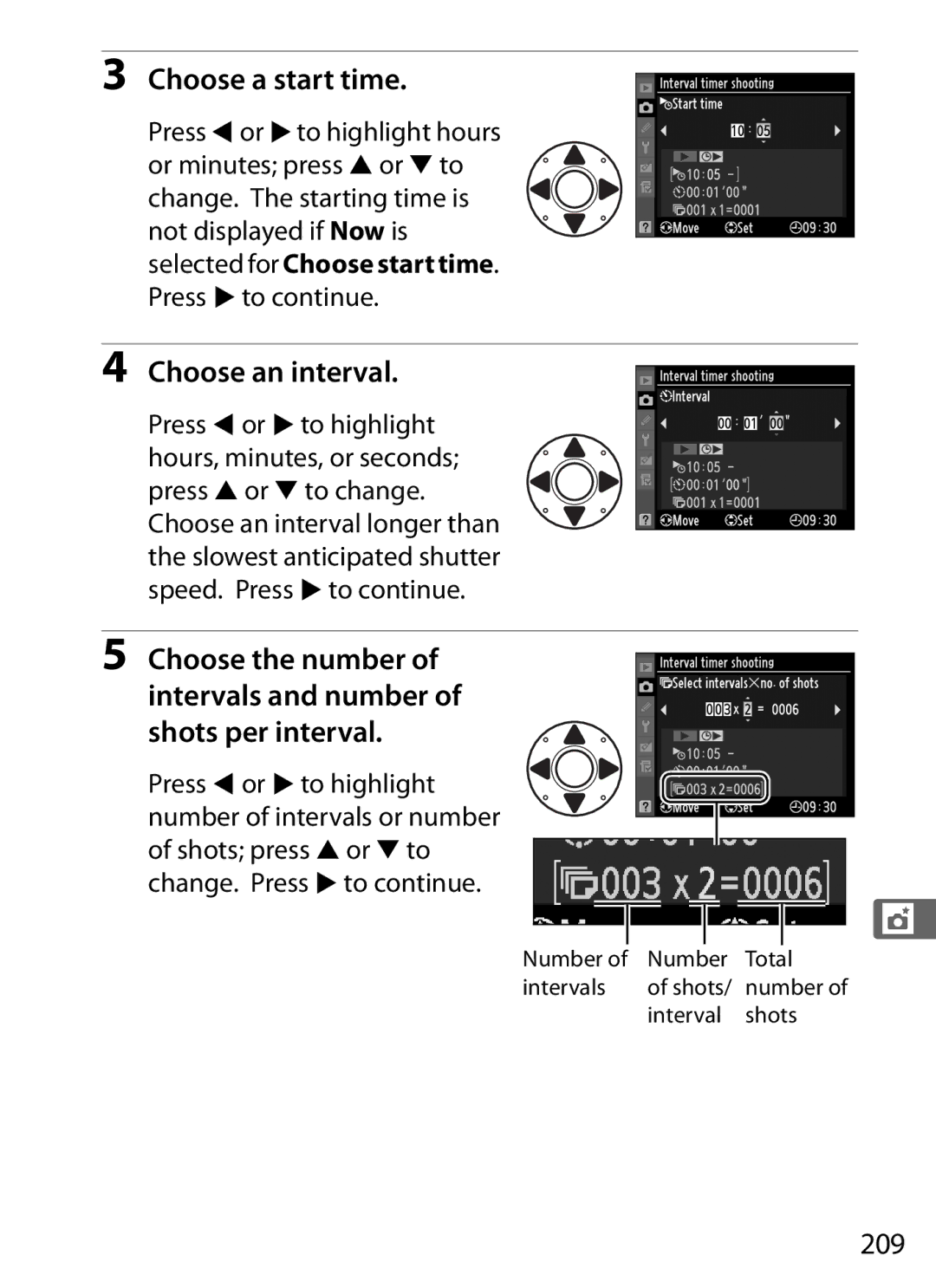 Nikon 6MB07411-03 user manual Choose a start time, Choose an interval, Shots per interval, 209 