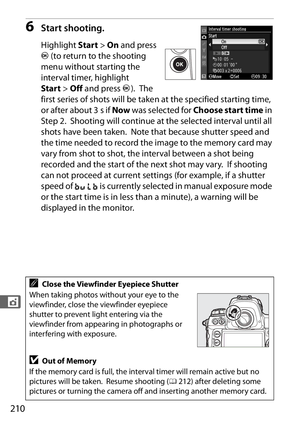 Nikon 6MB07411-03 user manual Start shooting, 210, Highlight Start On and press Jto return to the shooting, Out of Memory 