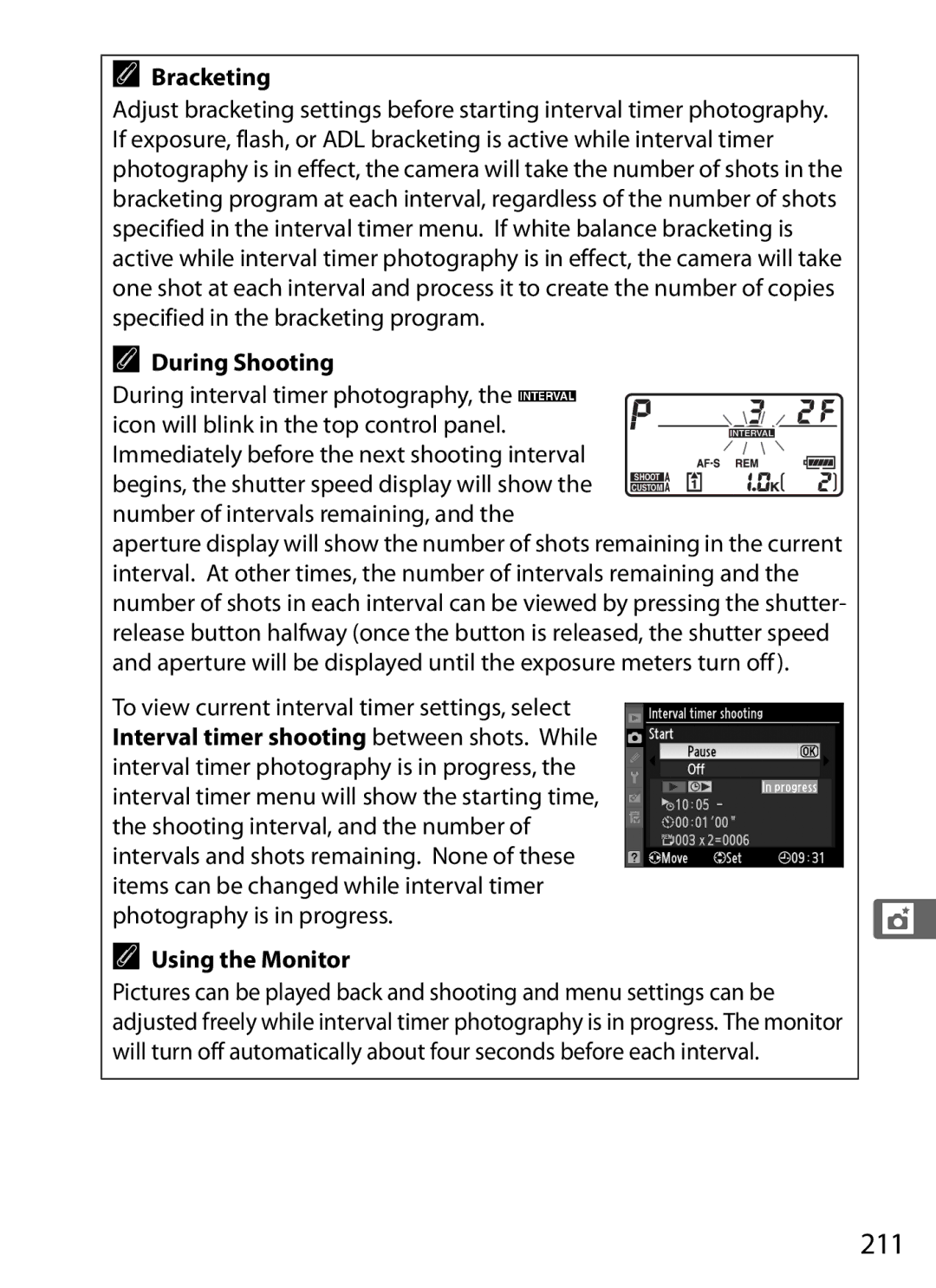 Nikon 6MB07411-03 user manual 211, During Shooting, During interval timer photography, the Q, Using the Monitor 