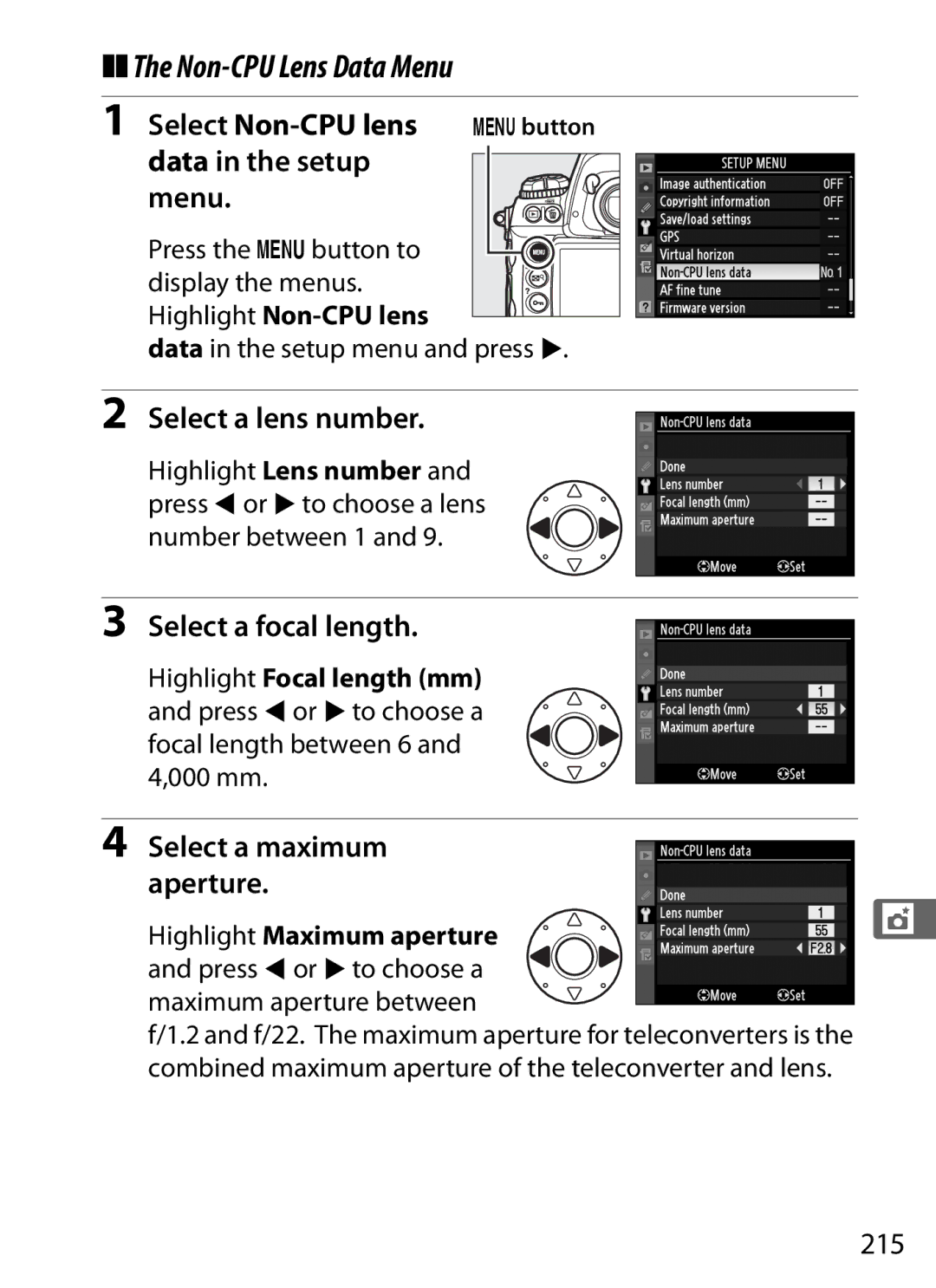 Nikon 6MB07411-03 user manual Non-CPU Lens Data Menu, Select Non-CPU lens, Data in the setup Menu, Select a lens number 