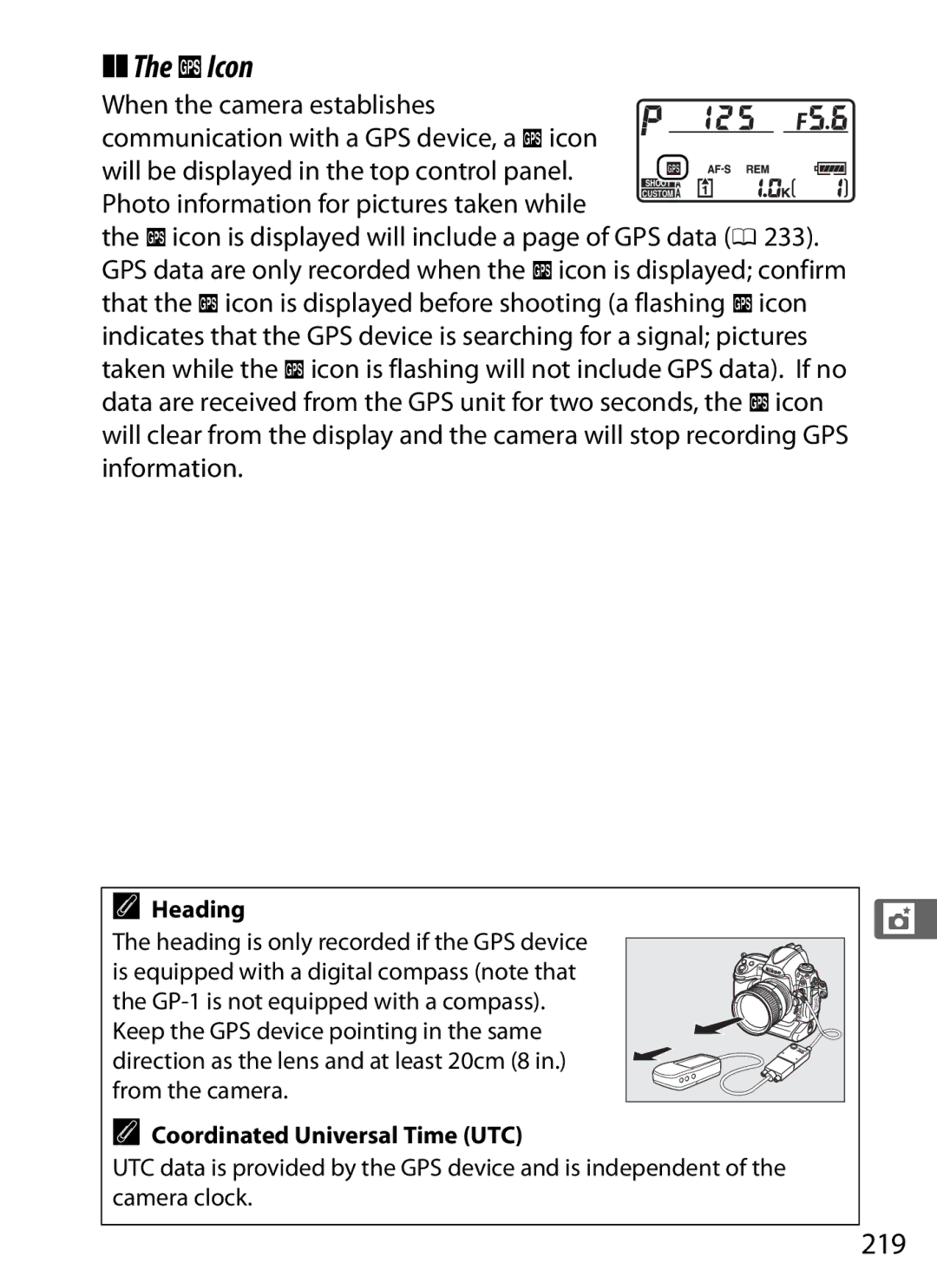 Nikon 6MB07411-03 user manual KIcon, 219, Heading, Coordinated Universal Time UTC 