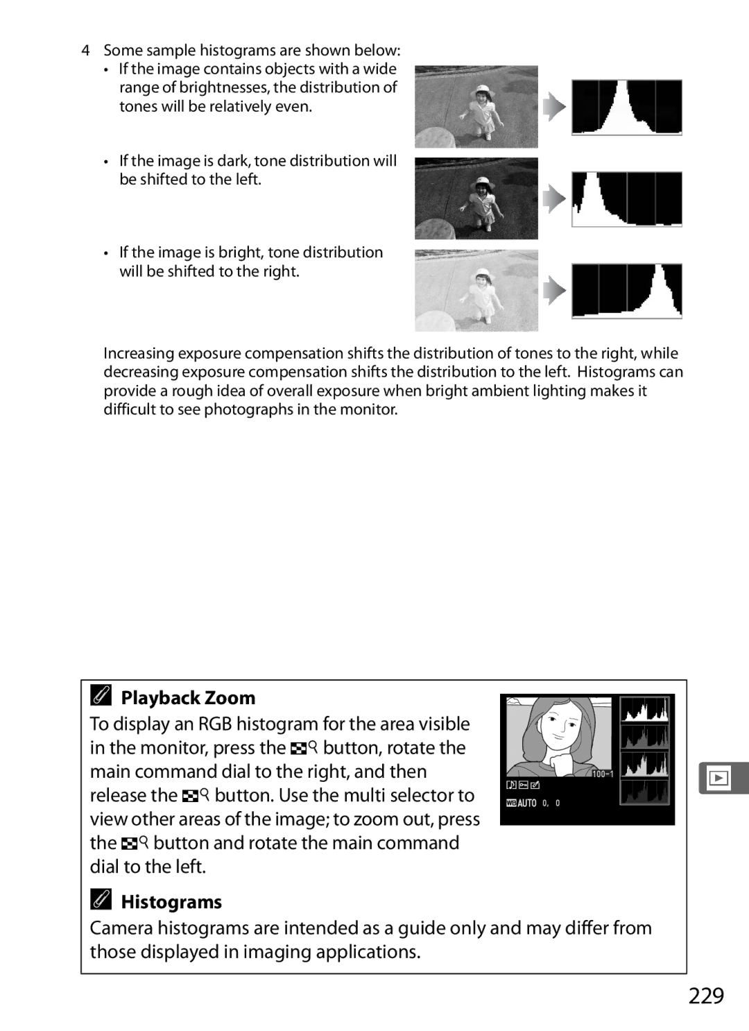 Nikon 6MB07411-03 user manual 229, Playback Zoom, Histograms 