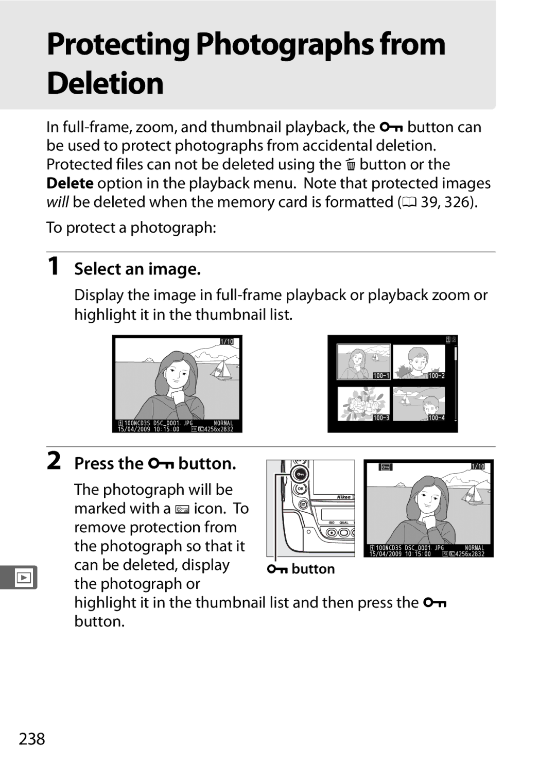 Nikon 6MB07411-03 user manual Protecting Photographs from Deletion, Select an image, Press the Lbutton, 238 