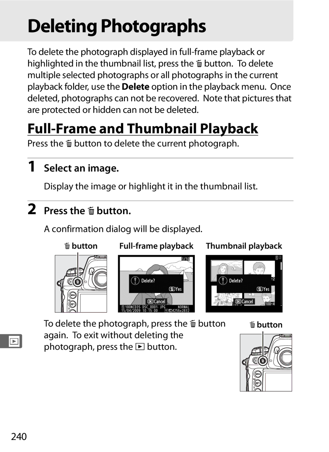 Nikon 6MB07411-03 user manual Deleting Photographs, Full-Frame and Thumbnail Playback, Press the Obutton, 240 