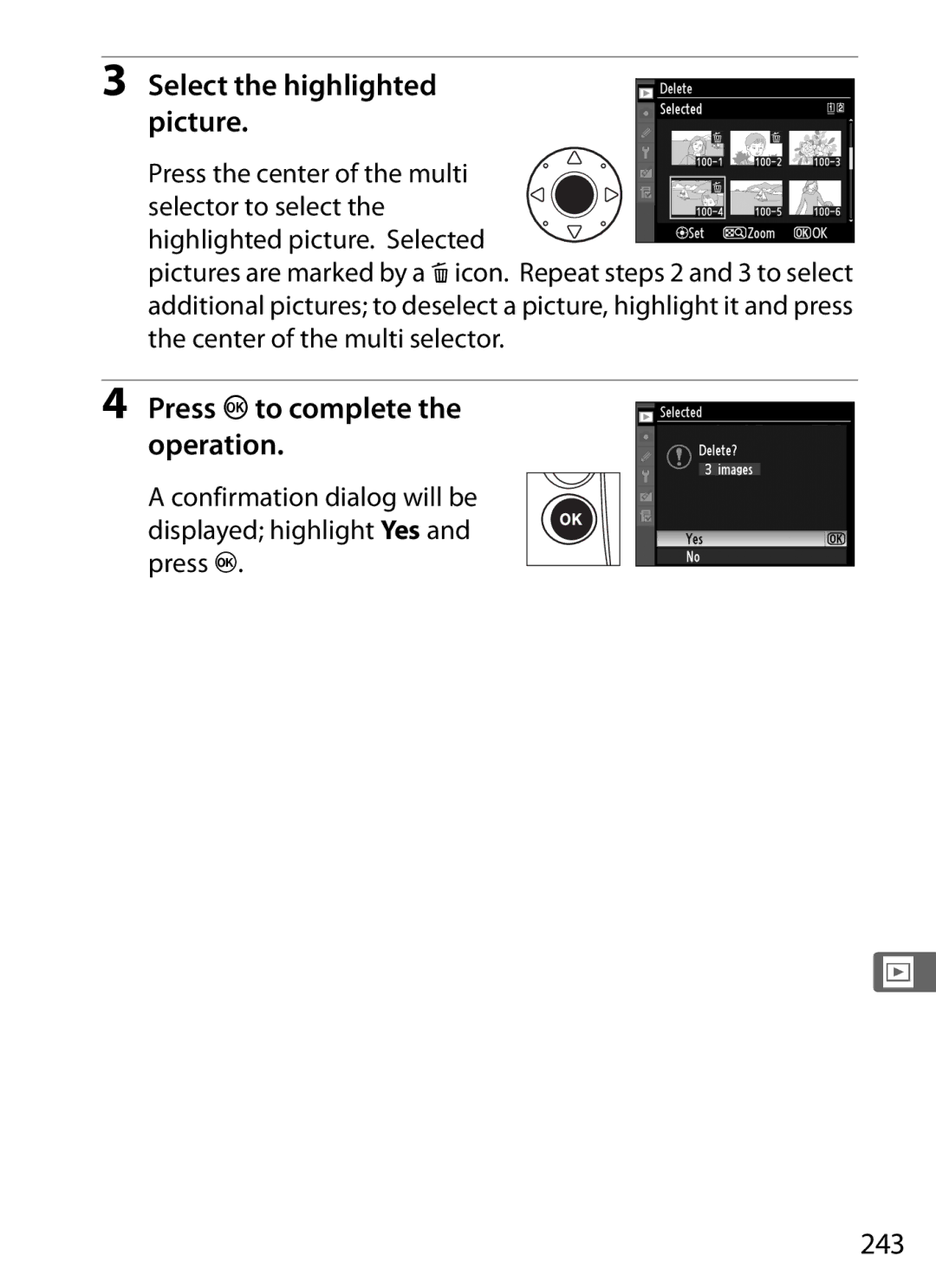 Nikon 6MB07411-03 user manual Select the highlighted picture, Press Jto complete the operation, 243 