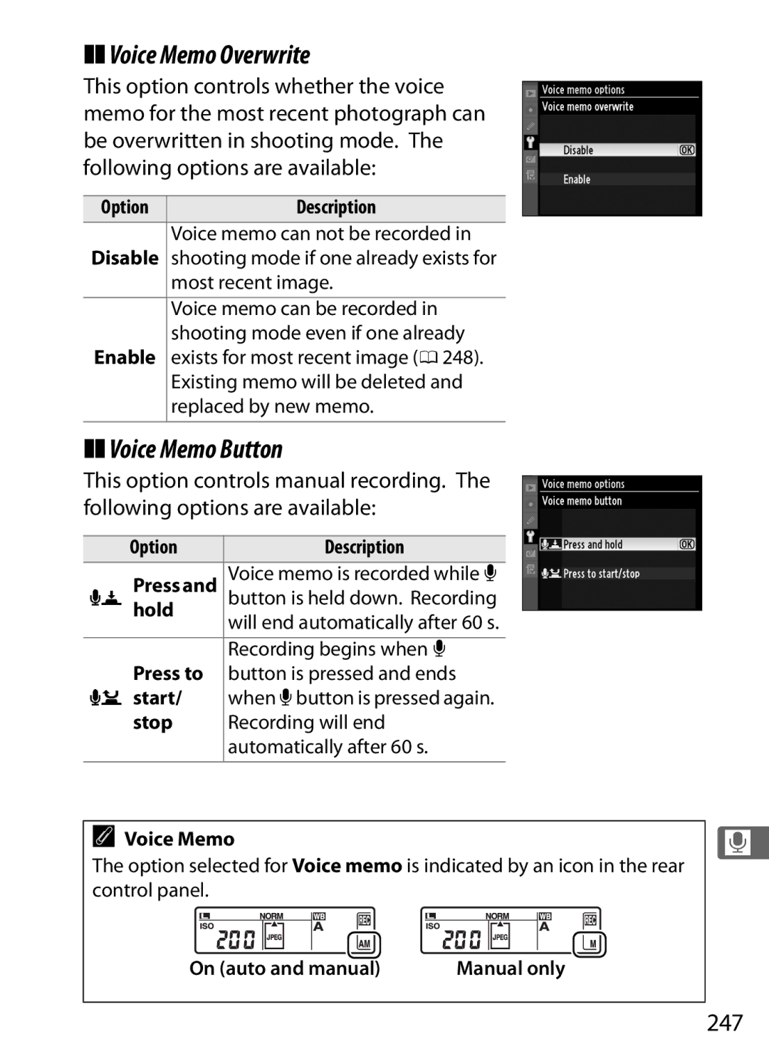 Nikon 6MB07411-03 user manual Voice Memo Overwrite, Voice Memo Button, 247 