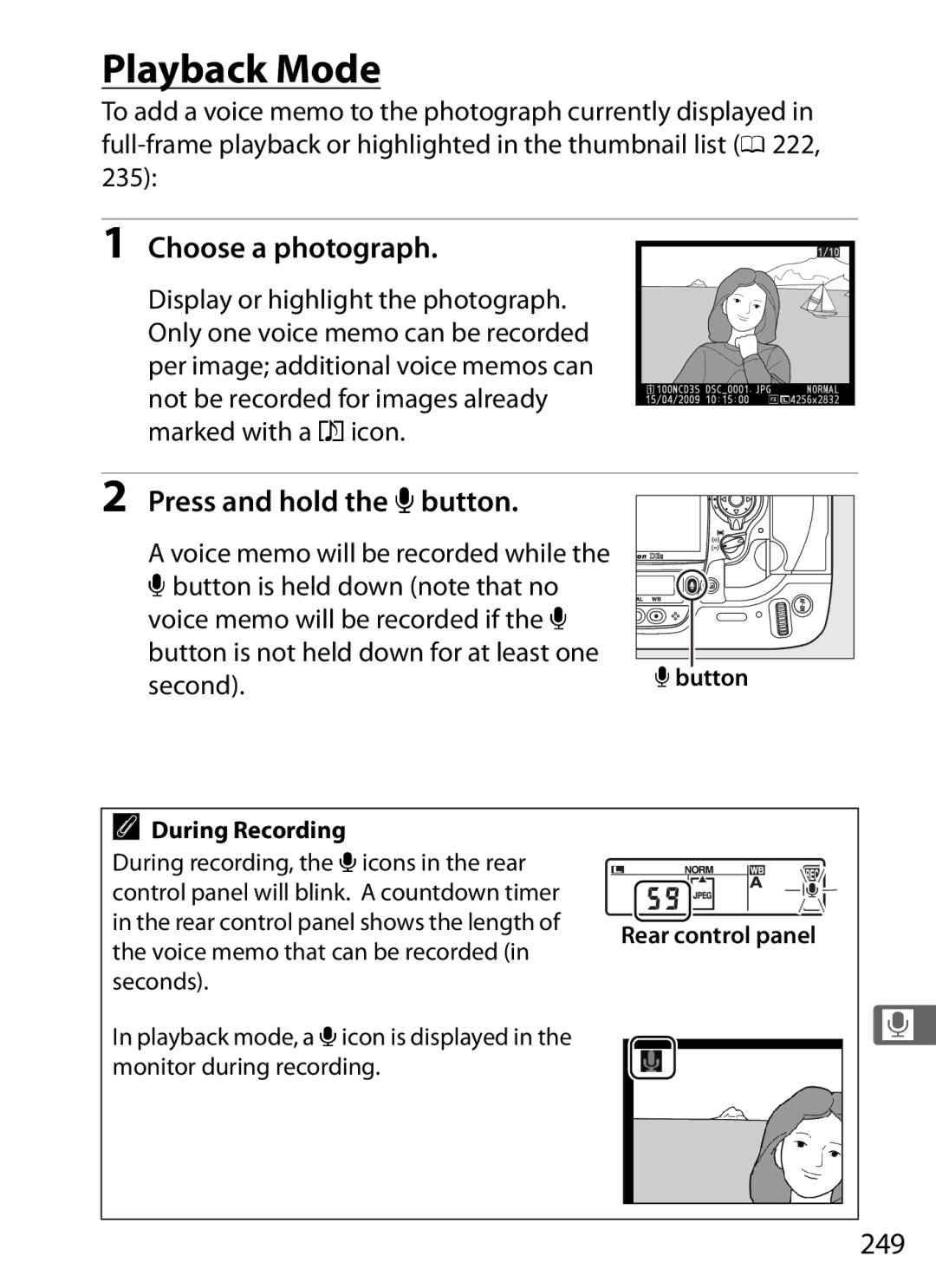 Nikon 6MB07411-03 user manual Playback Mode, Choose a photograph, Press and hold the Hbutton, 249, Second 