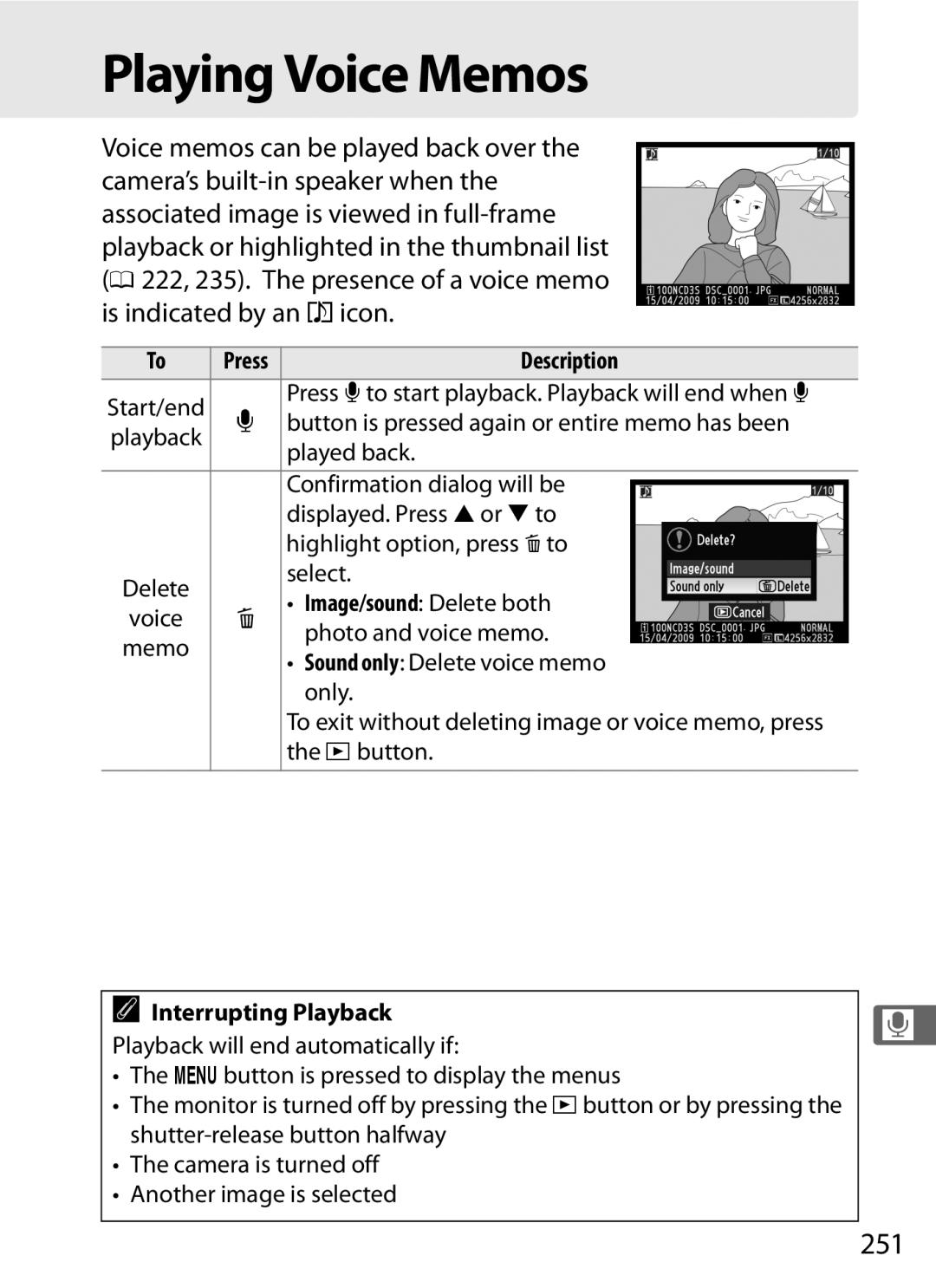 Nikon 6MB07411-03 user manual Playing Voice Memos, 251 