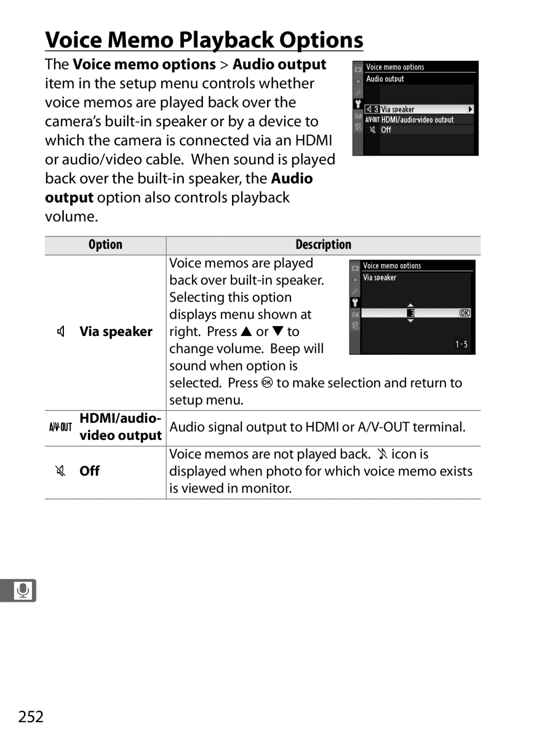 Nikon 6MB07411-03 user manual Voice Memo Playback Options, 252, Selected. Press Jto make selection and return to setup menu 