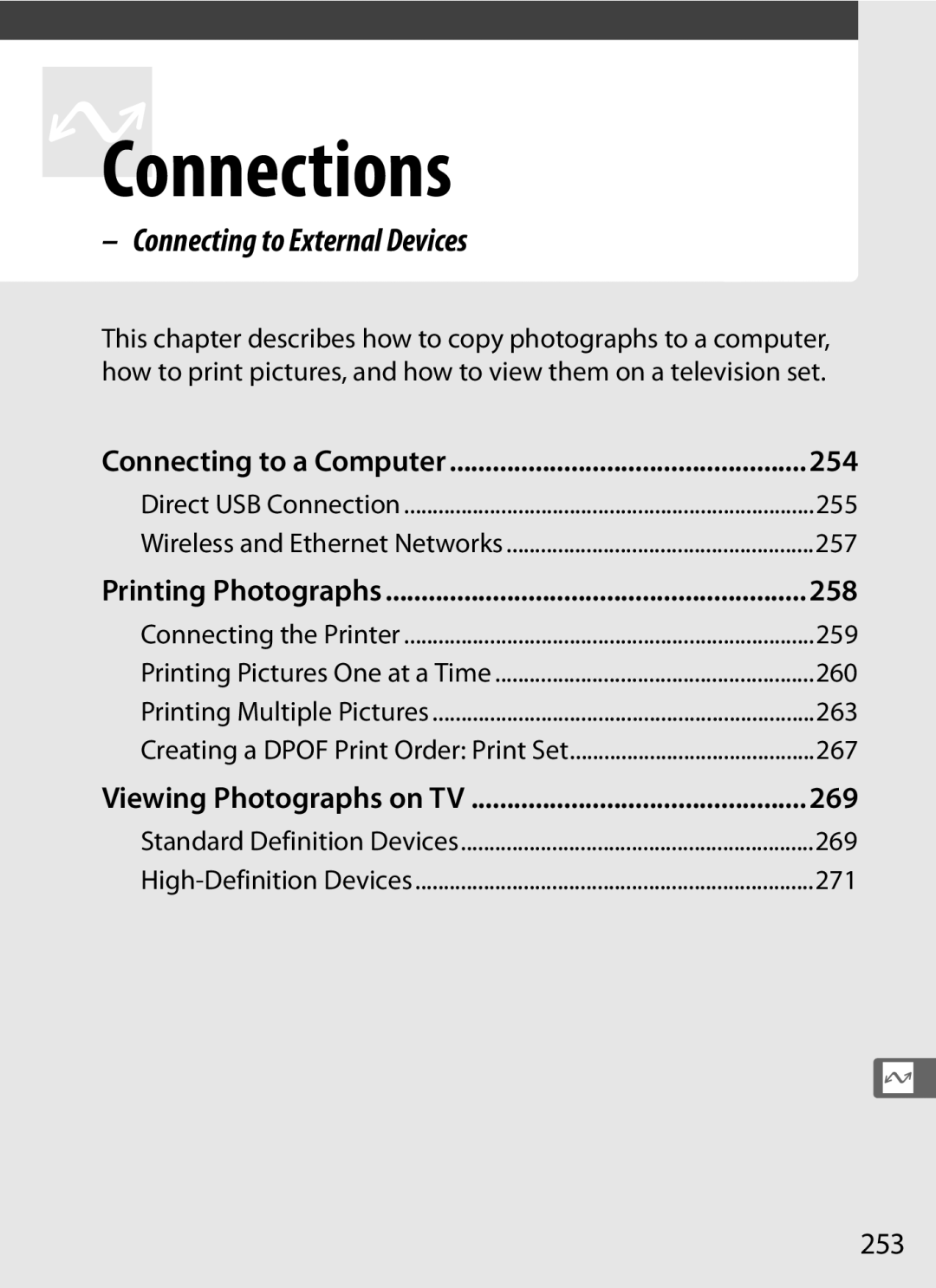 Nikon 6MB07411-03 user manual Connecting to External Devices, 254, 258, 269, 253 