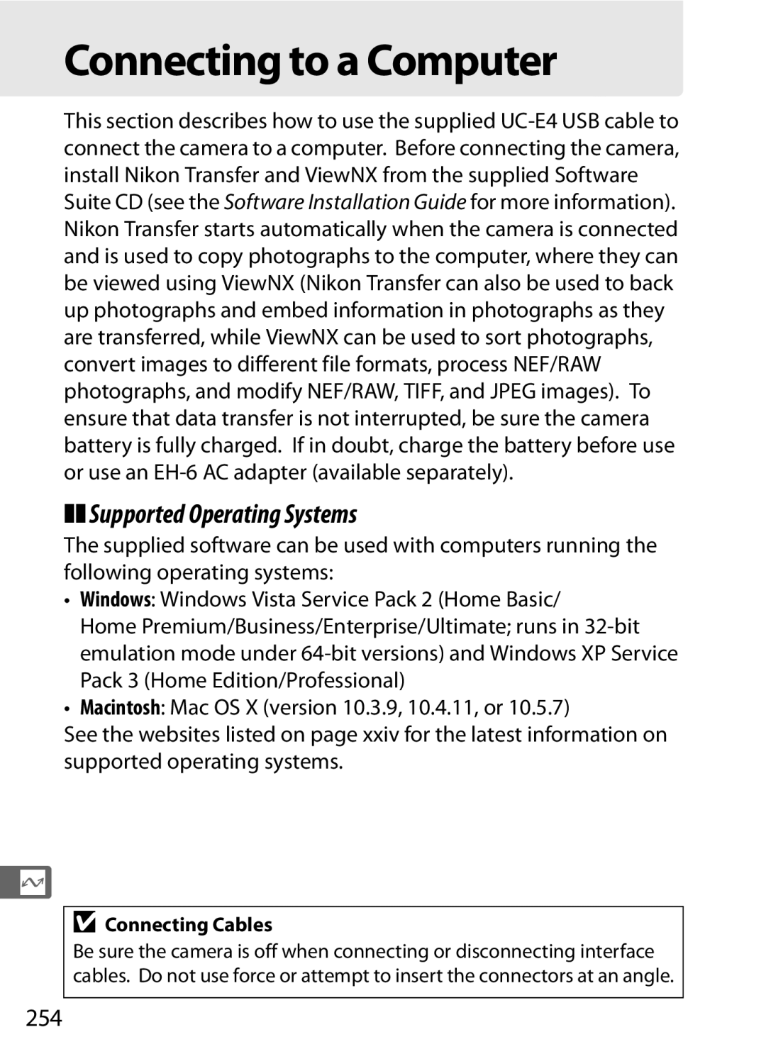 Nikon 6MB07411-03 user manual Connecting to a Computer, Supported Operating Systems, 254, Connecting Cables 