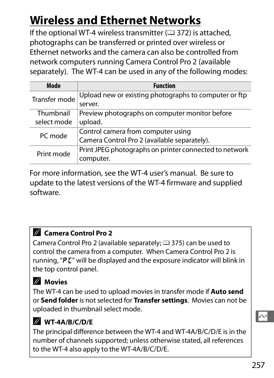 Nikon 6MB07411-03 user manual Wireless and Ethernet Networks, 257, Mode Function, Camera Control Pro, Movies 