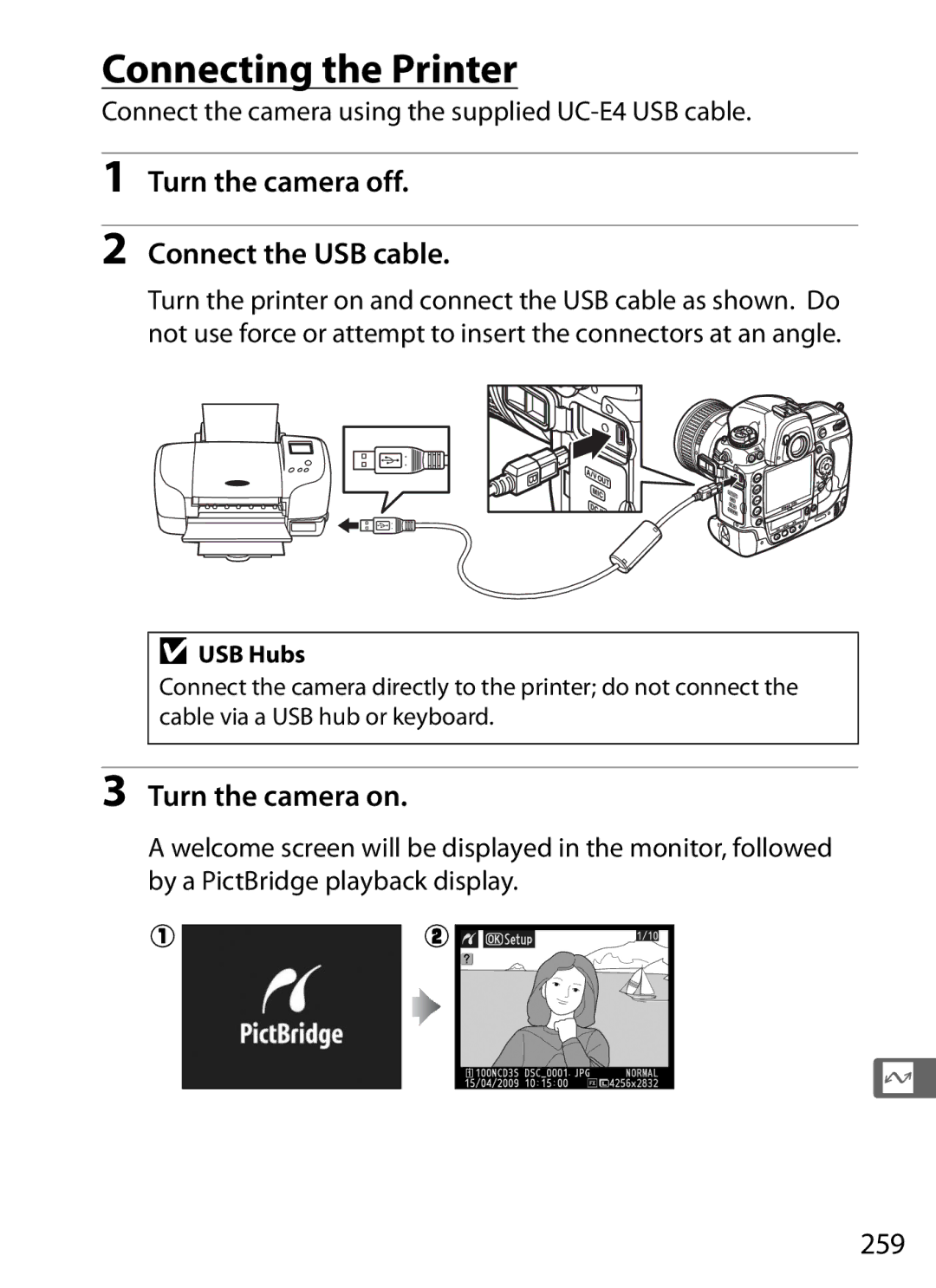 Nikon 6MB07411-03 user manual Connecting the Printer, Turn the camera off Connect the USB cable, 259 