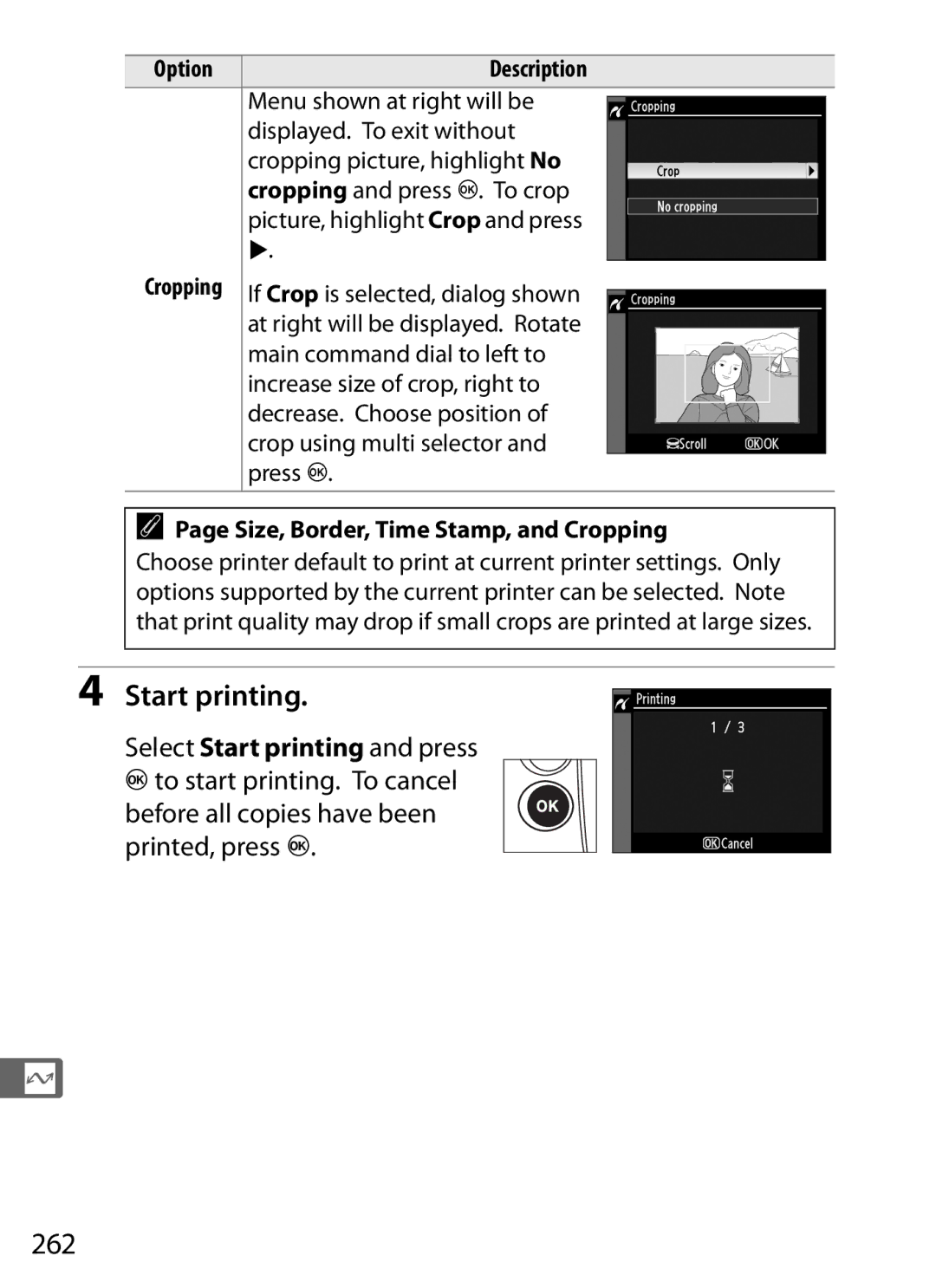 Nikon 6MB07411-03 user manual Start printing, 262, Size, Border, Time Stamp, and Cropping 