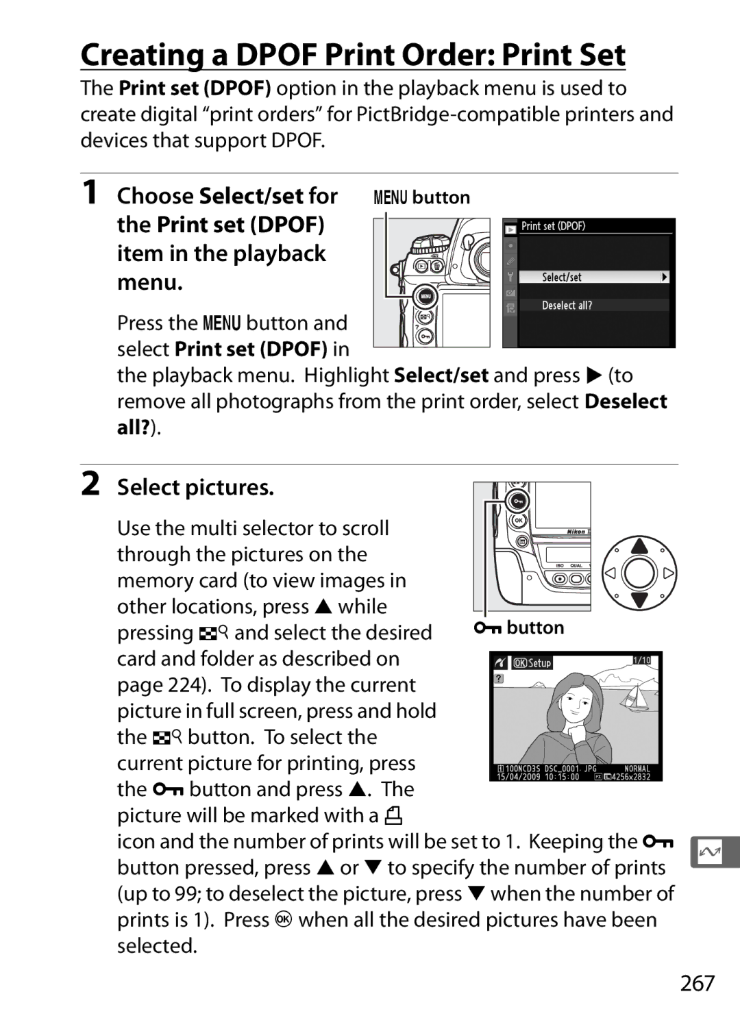 Nikon 6MB07411-03 Creating a Dpof Print Order Print Set, Choose Select/set for, Print set Dpof Item in the playback Menu 