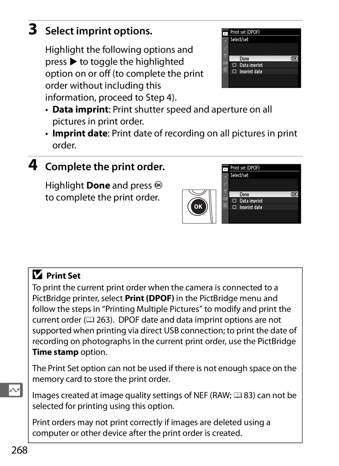 Nikon 6MB07411-03 user manual Select imprint options, Complete the print order, 268, Print Set 