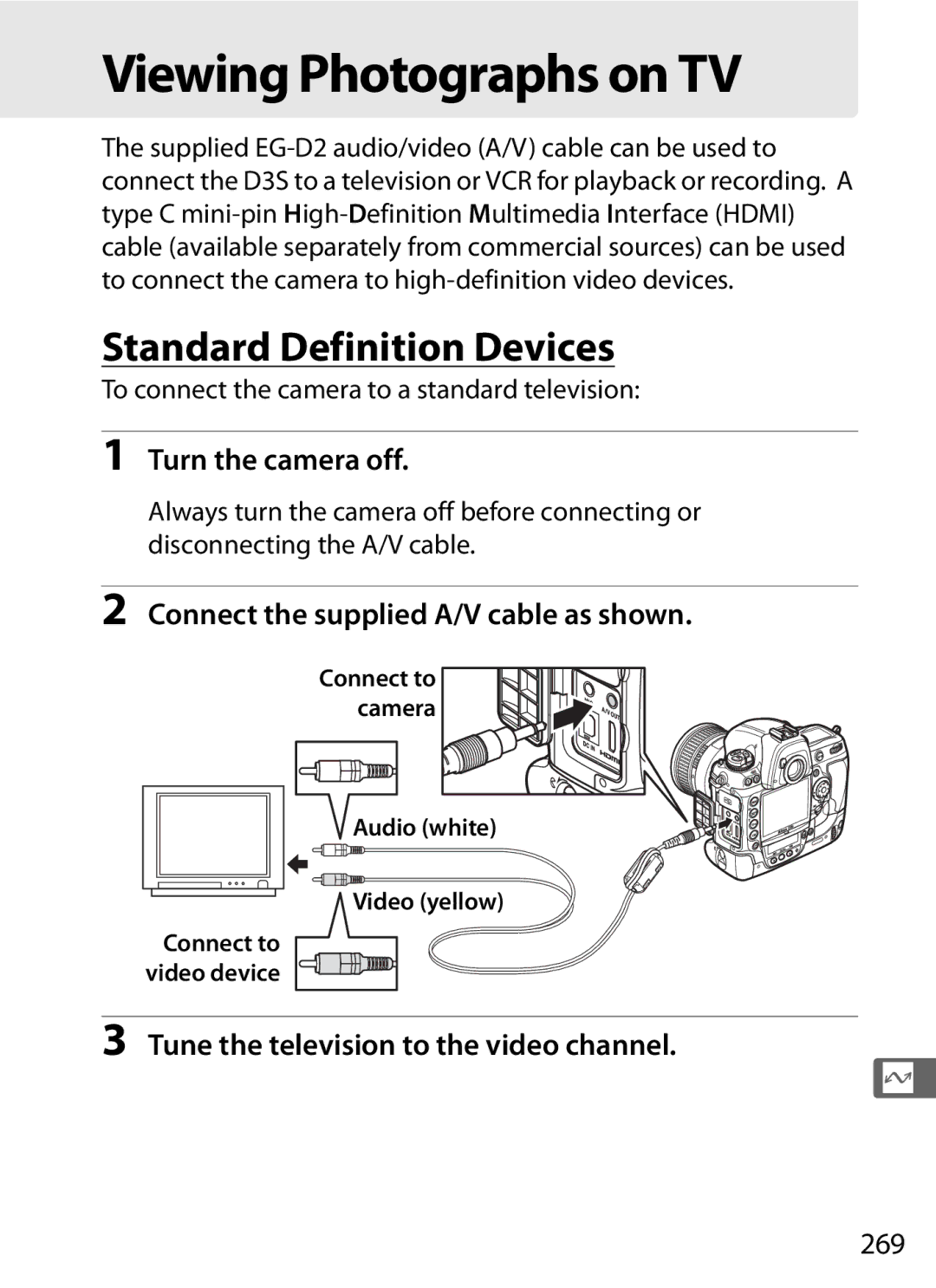 Nikon 6MB07411-03 Viewing Photographs on TV, Standard Definition Devices, Connect the supplied A/V cable as shown, 269 