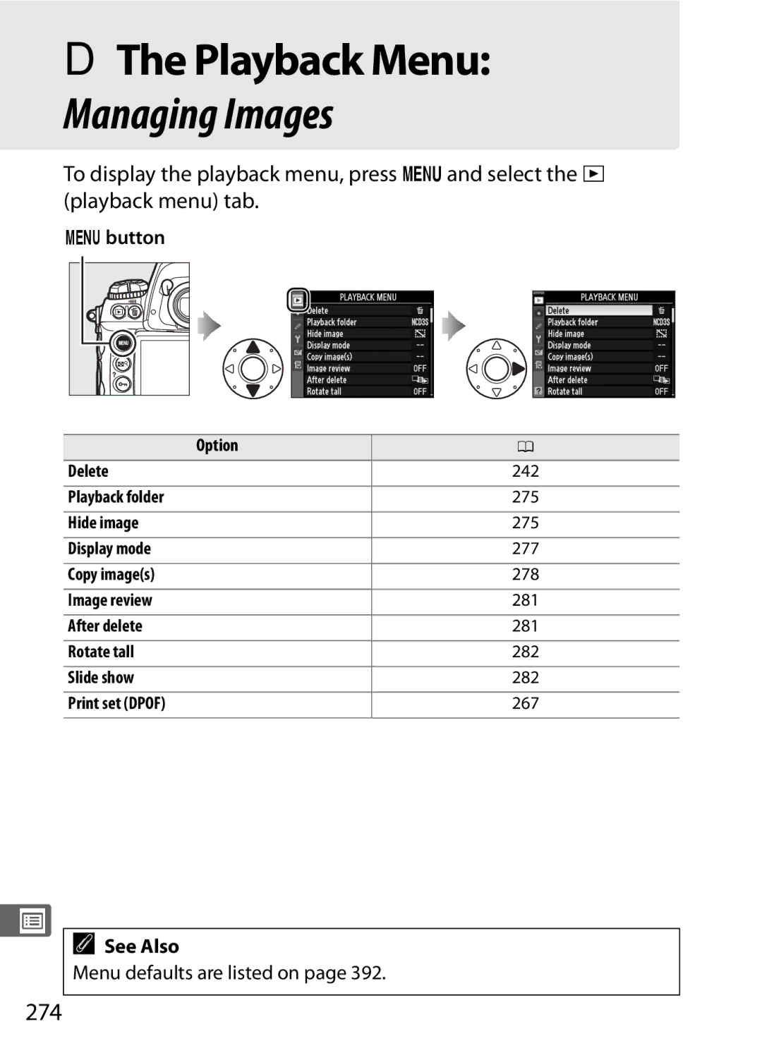 Nikon 6MB07411-03 user manual DThe Playback Menu, 274, Menu defaults are listed on 