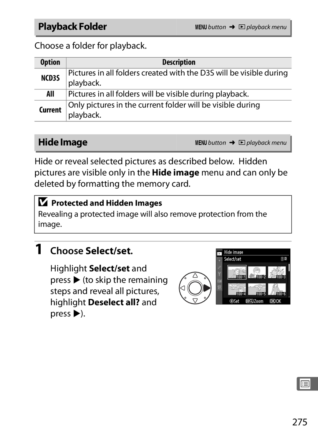 Nikon 6MB07411-03 user manual Playback Folder, Hide Image, Choose Select/set, 275, Choose a folder for playback 