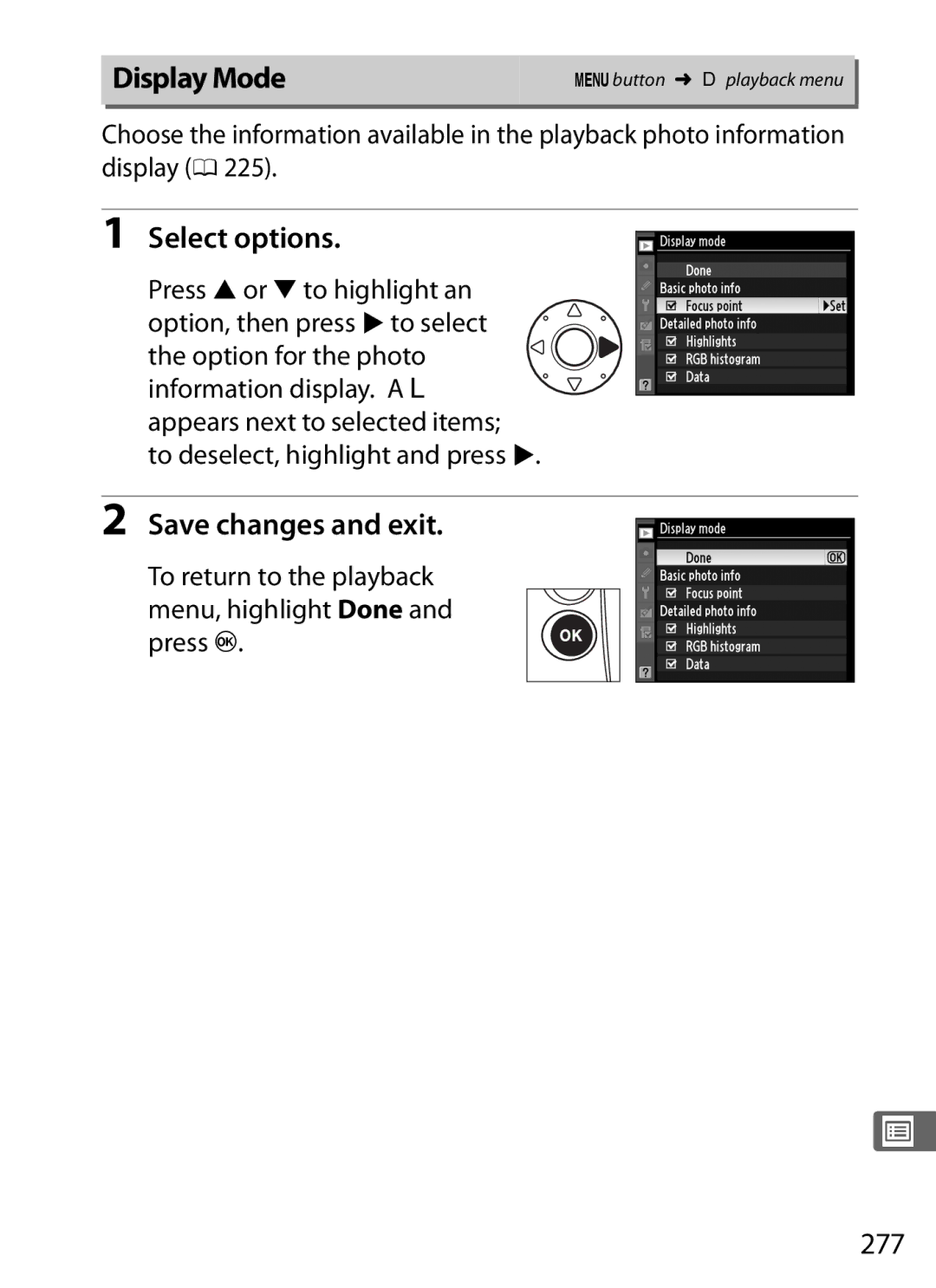 Nikon 6MB07411-03 user manual Display Mode, Select options, Save changes and exit, 277 