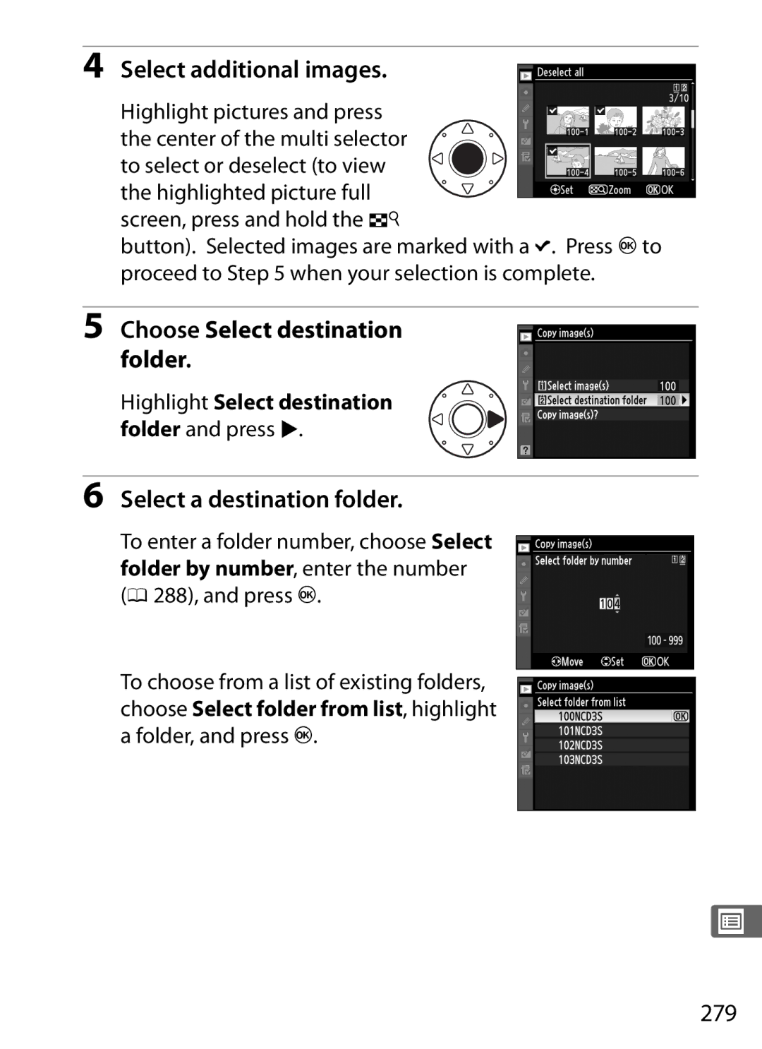 Nikon 6MB07411-03 user manual Select additional images, Choose Select destination folder, Select a destination folder, 279 