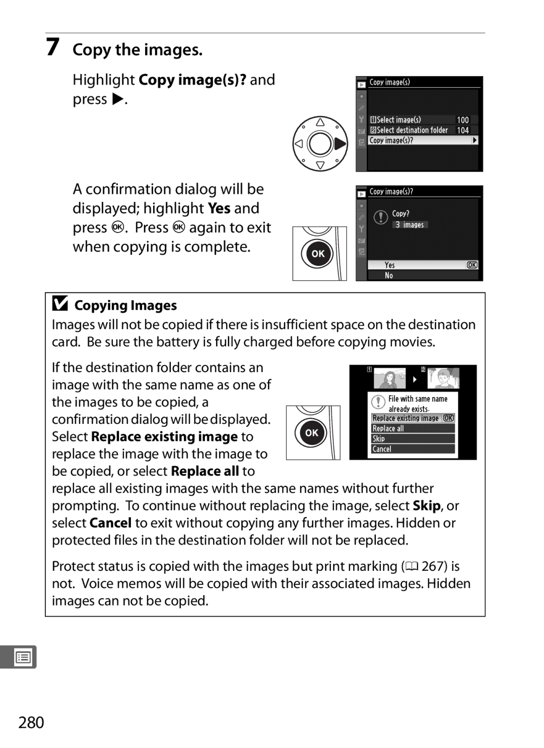 Nikon 6MB07411-03 user manual Copy the images, 280, Highlight Copy images? and press, Copying Images 