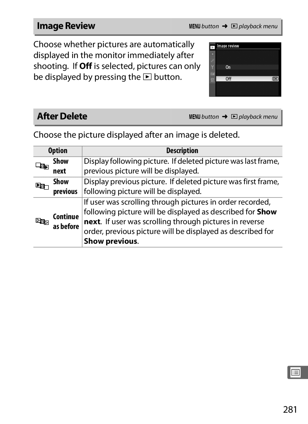 Nikon 6MB07411-03 user manual Image Review, After Delete, 281, Choose the picture displayed after an image is deleted 