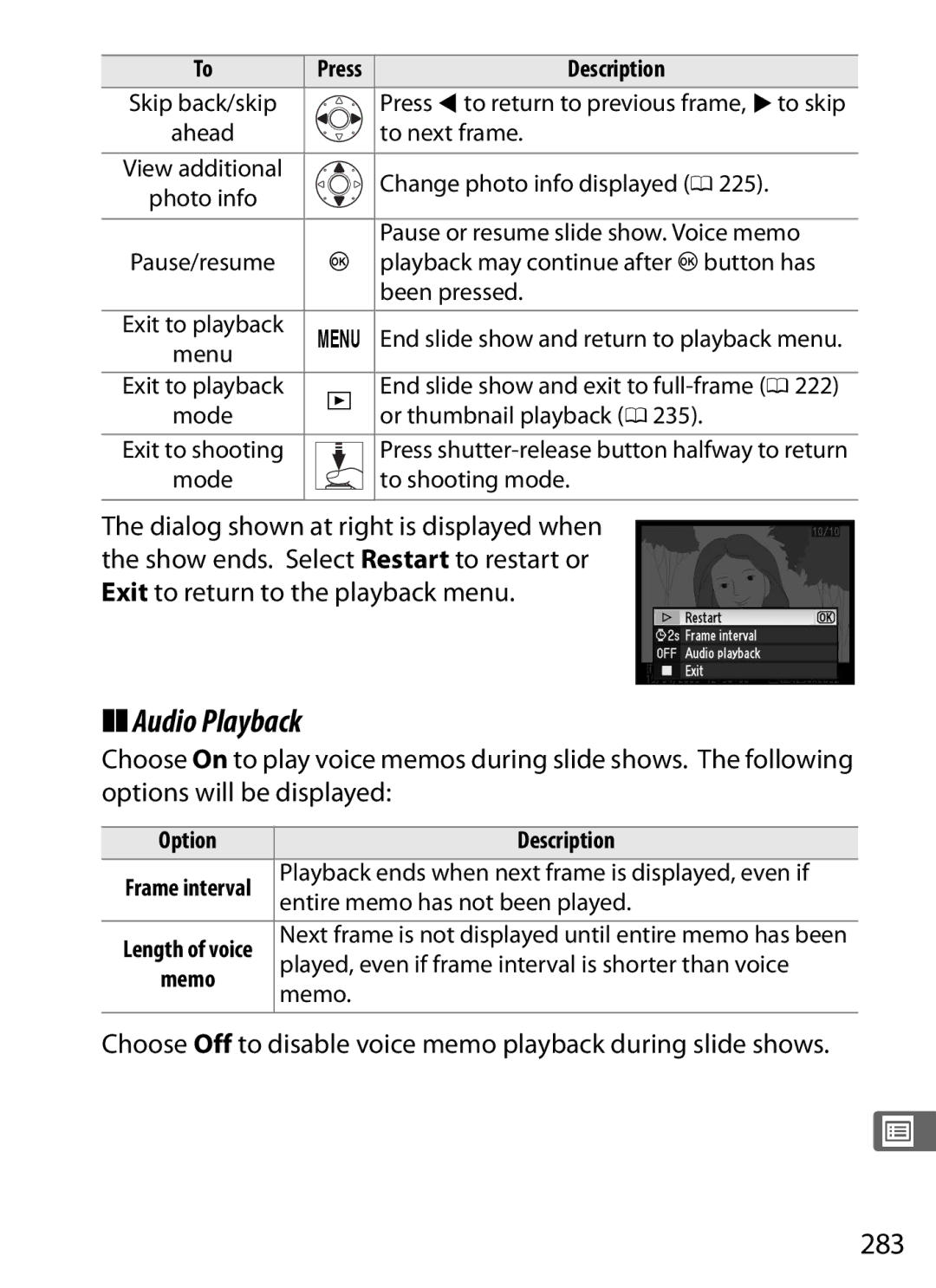 Nikon 6MB07411-03 user manual Audio Playback, 283, Entire memo has not been played, Memo 