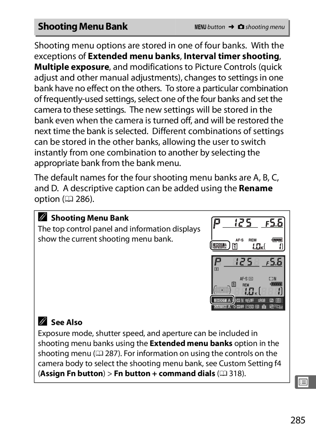 Nikon 6MB07411-03 user manual Shooting Menu Bank, 285 