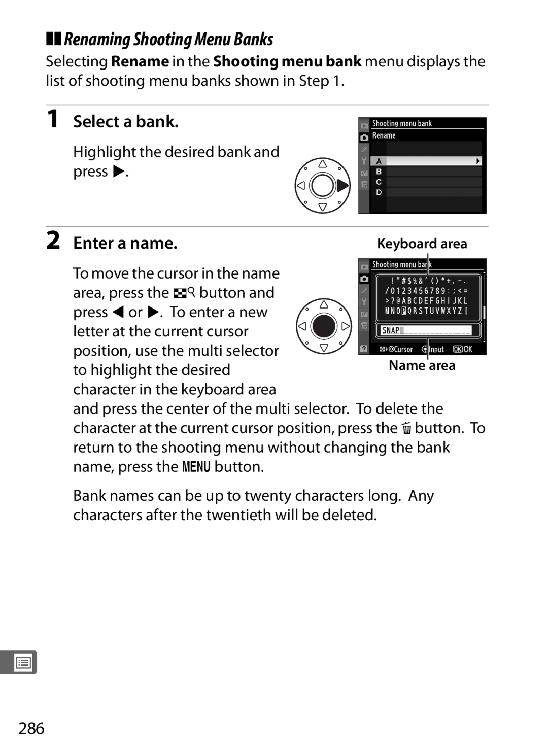 Nikon 6MB07411-03 user manual Renaming Shooting Menu Banks, Select a bank, Enter a name, 286 