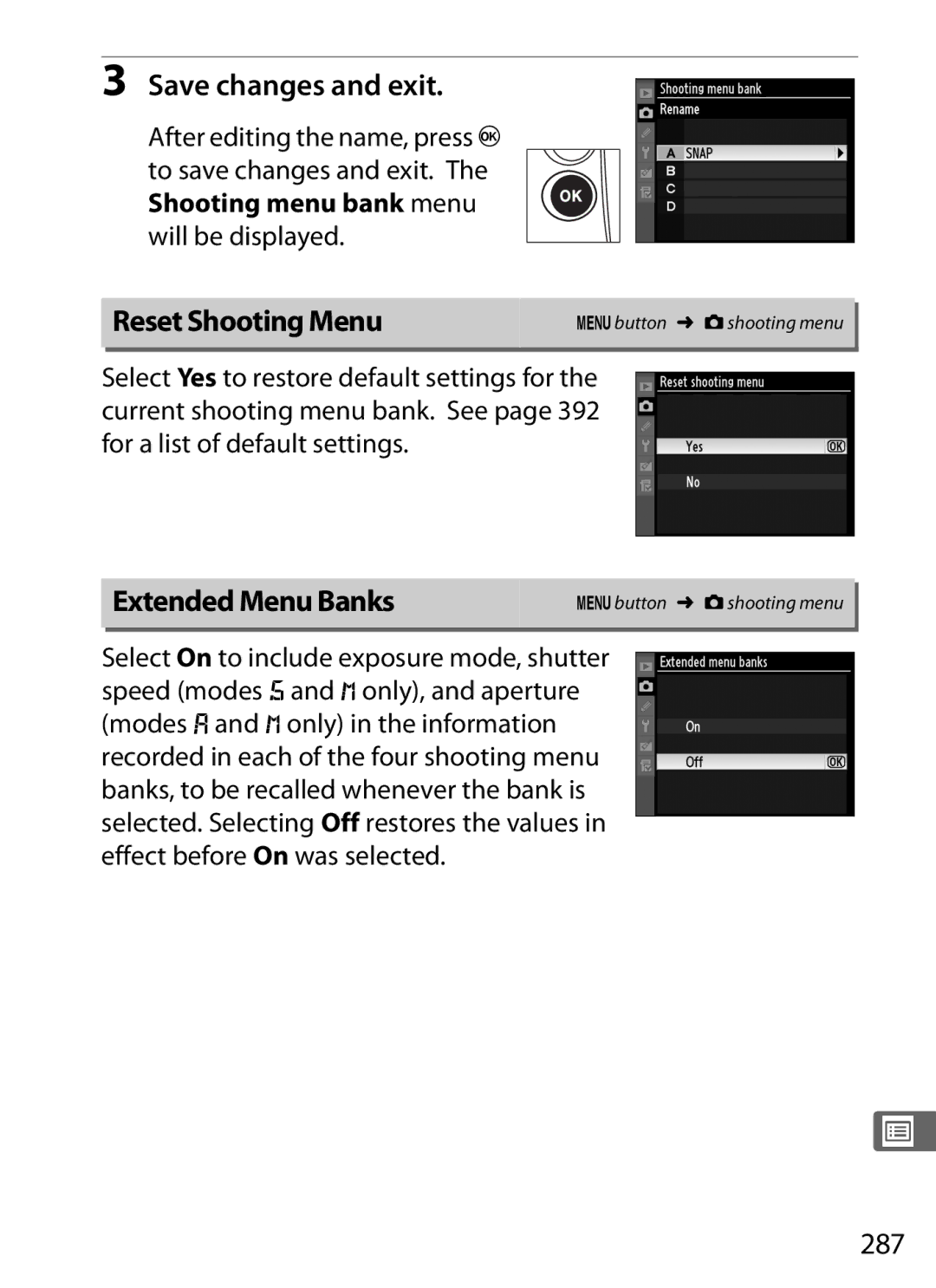 Nikon 6MB07411-03 user manual Reset Shooting Menu, Extended Menu Banks, 287 