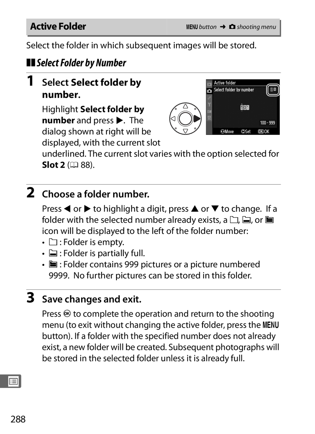 Nikon 6MB07411-03 Select Folder by Number, Active Folder, Select Select folder by number, Choose a folder number, 288 