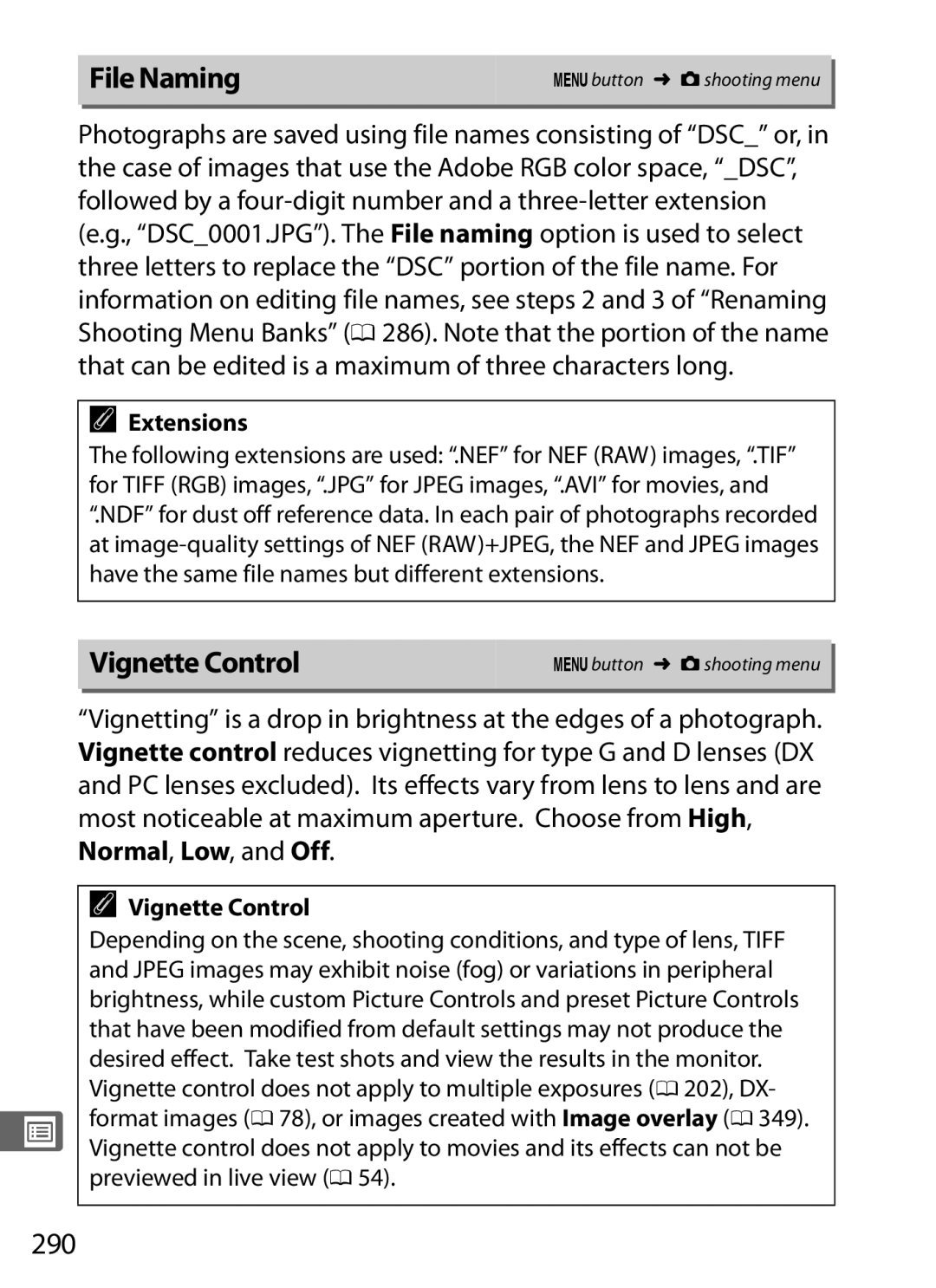 Nikon 6MB07411-03 user manual File Naming, Vignette Control, 290, Extensions 