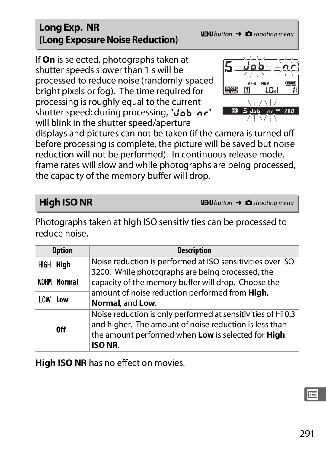 Nikon 6MB07411-03 user manual 291, High ISO NR has no effect on movies 