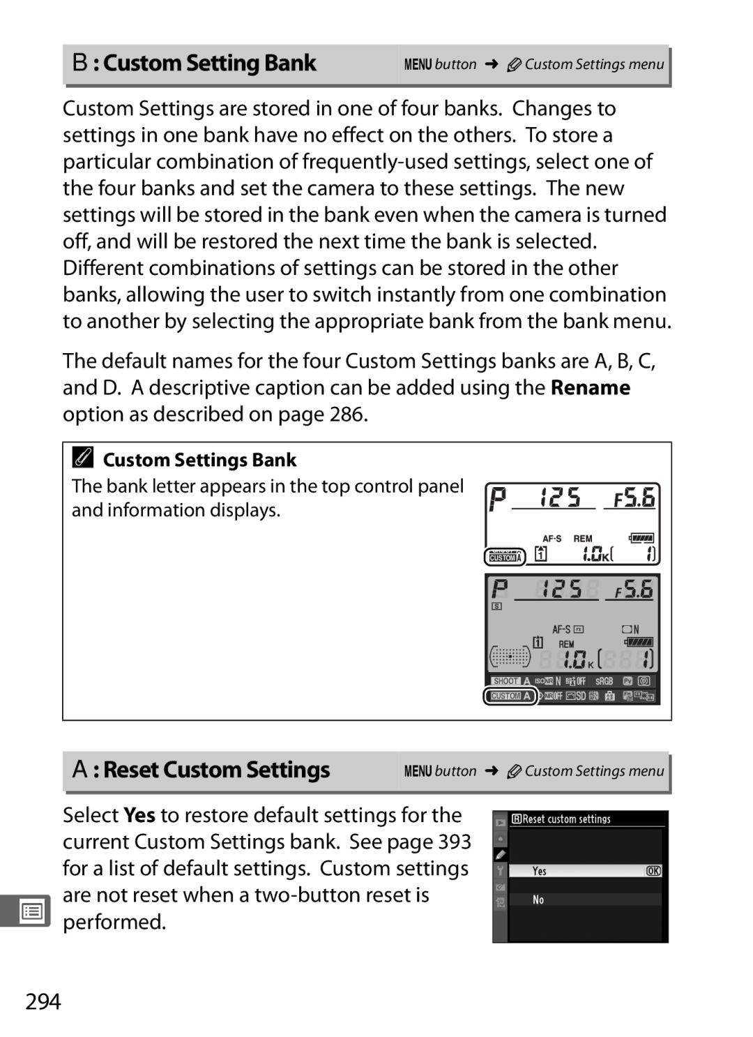 Nikon 6MB07411-03 user manual Custom Setting Bank, Reset Custom Settings, 294, Performed, Custom Settings Bank 