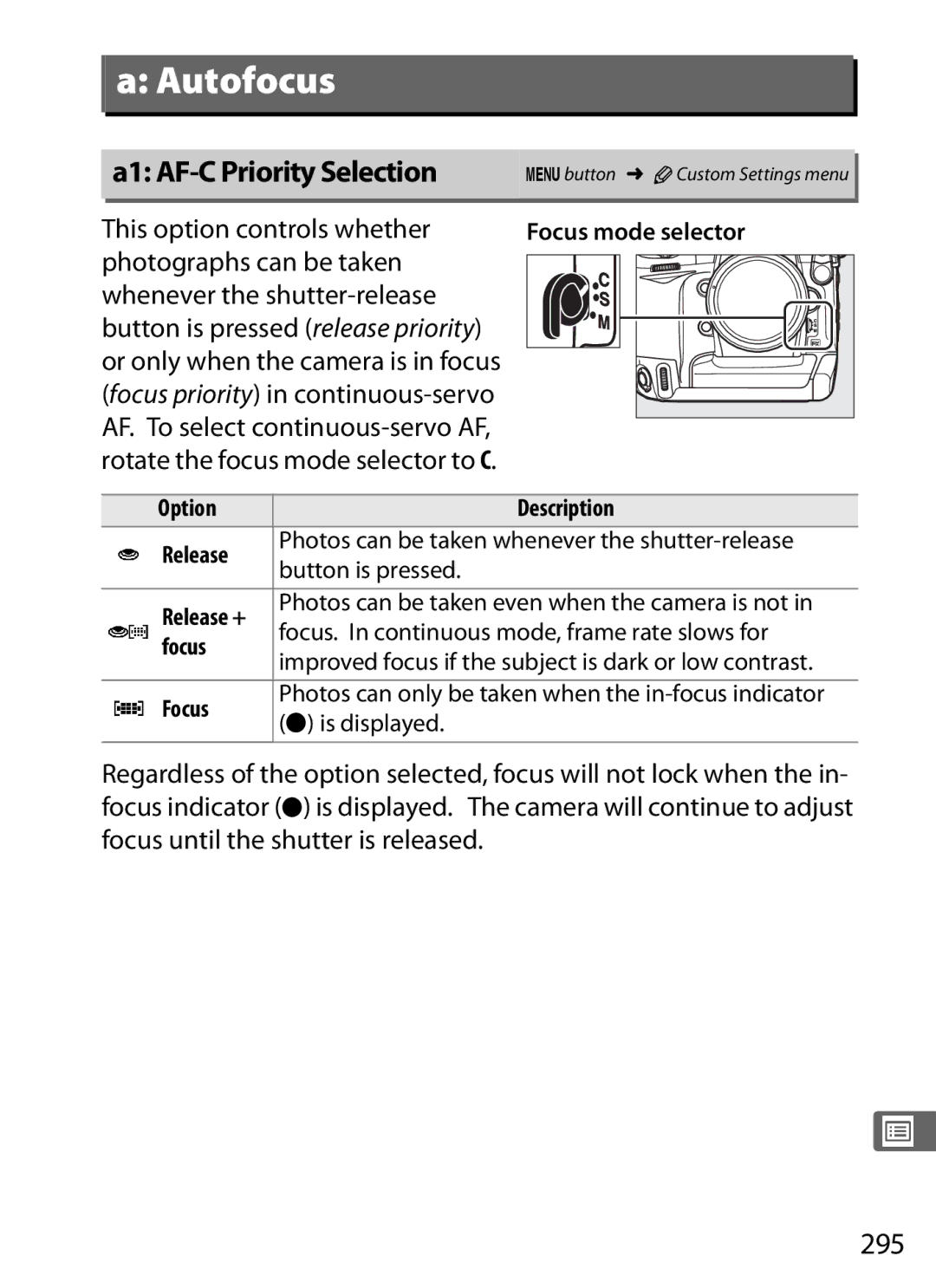 Nikon 6MB07411-03 A1 AF-C Priority Selection, 295, This option controls whether, Focus priority in continuous-servo 