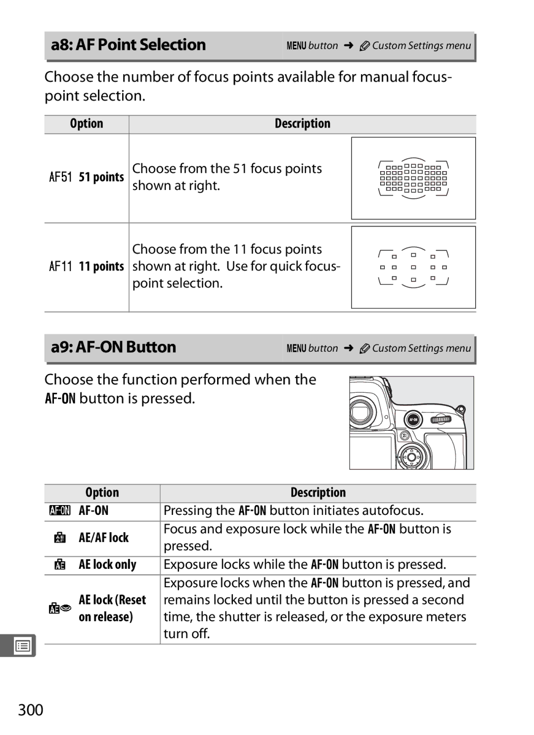 Nikon 6MB07411-03 A8 AF Point Selection, A9 AF-ON Button, 300, Choose the function performed when Bbutton is pressed 