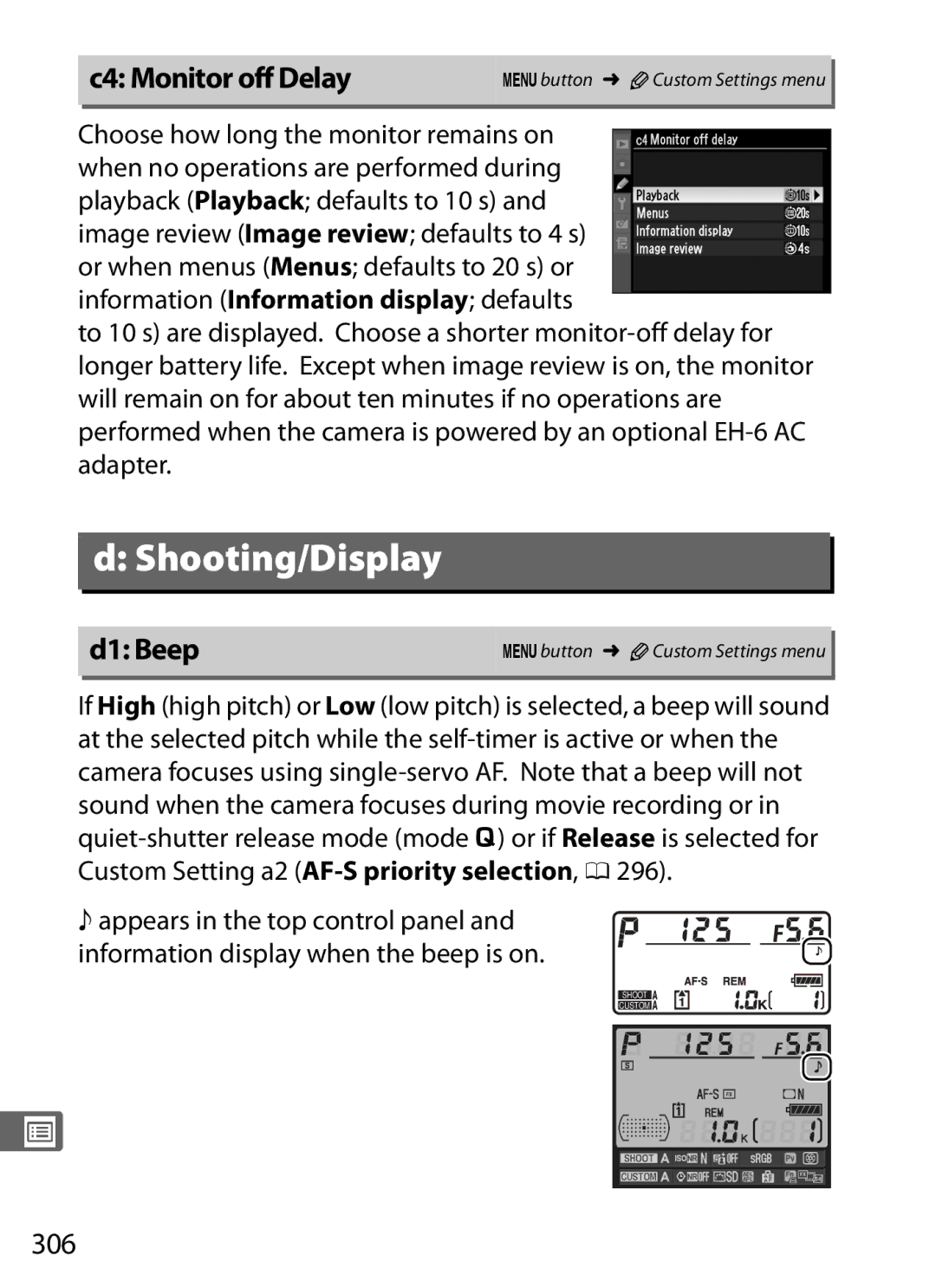 Nikon 6MB07411-03 user manual C4 Monitor off Delay, D1 Beep, 306 