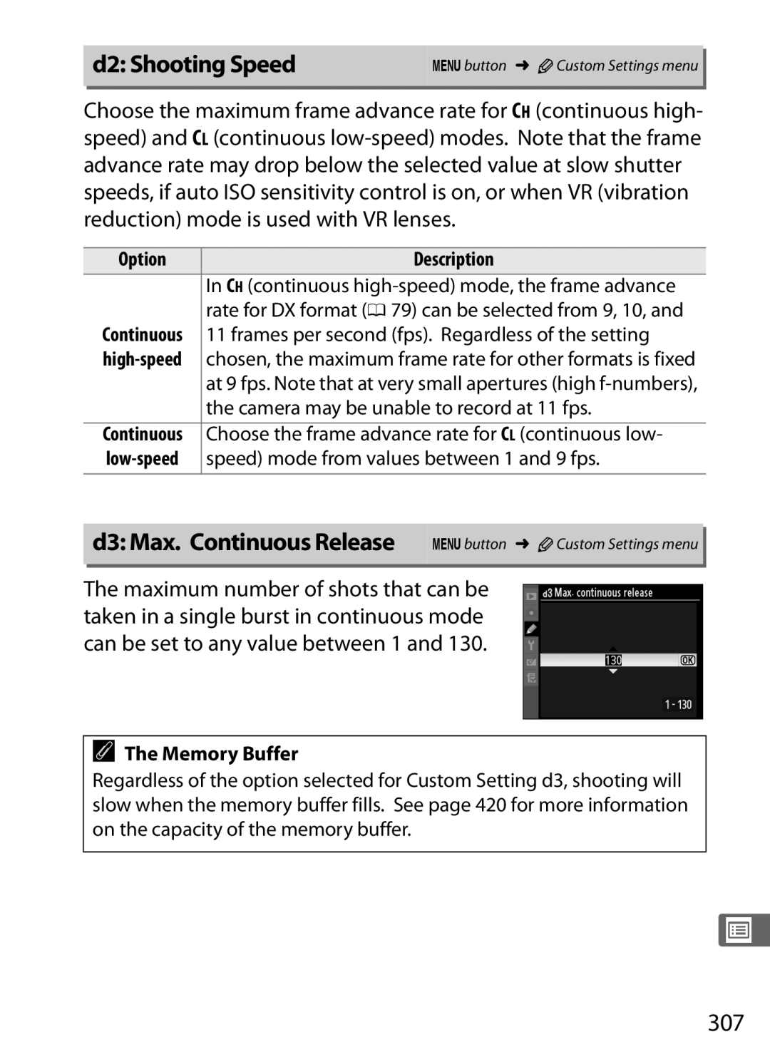 Nikon 6MB07411-03 user manual D2 Shooting Speed, D3 Max. Continuous Release Gbutton ACustom Settings menu, 307 