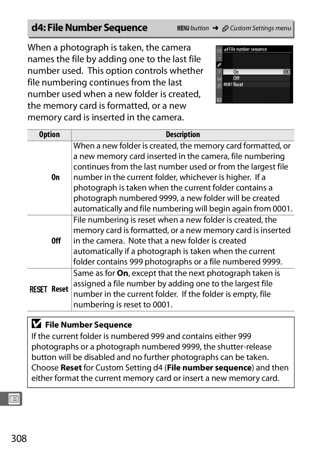 Nikon 6MB07411-03 user manual D4 File Number Sequence, 308, Reset 