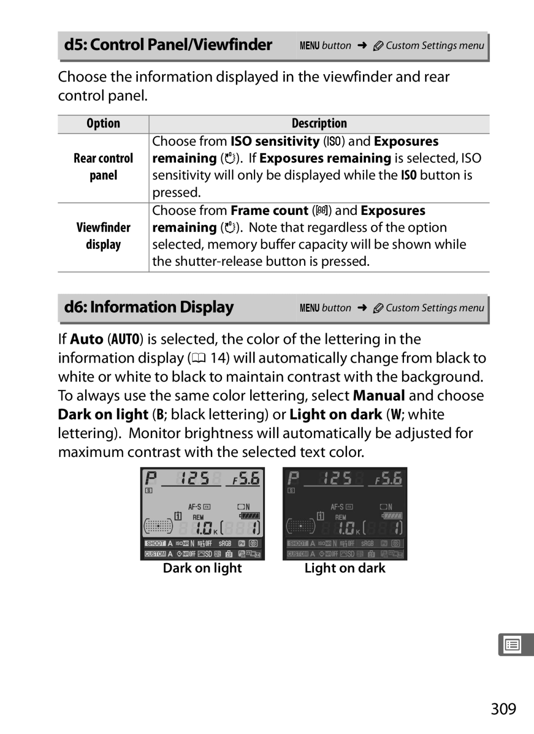 Nikon 6MB07411-03 D6 Information Display, 309, D5 Control Panel/Viewfinder, Choose from Frame count l and Exposures 