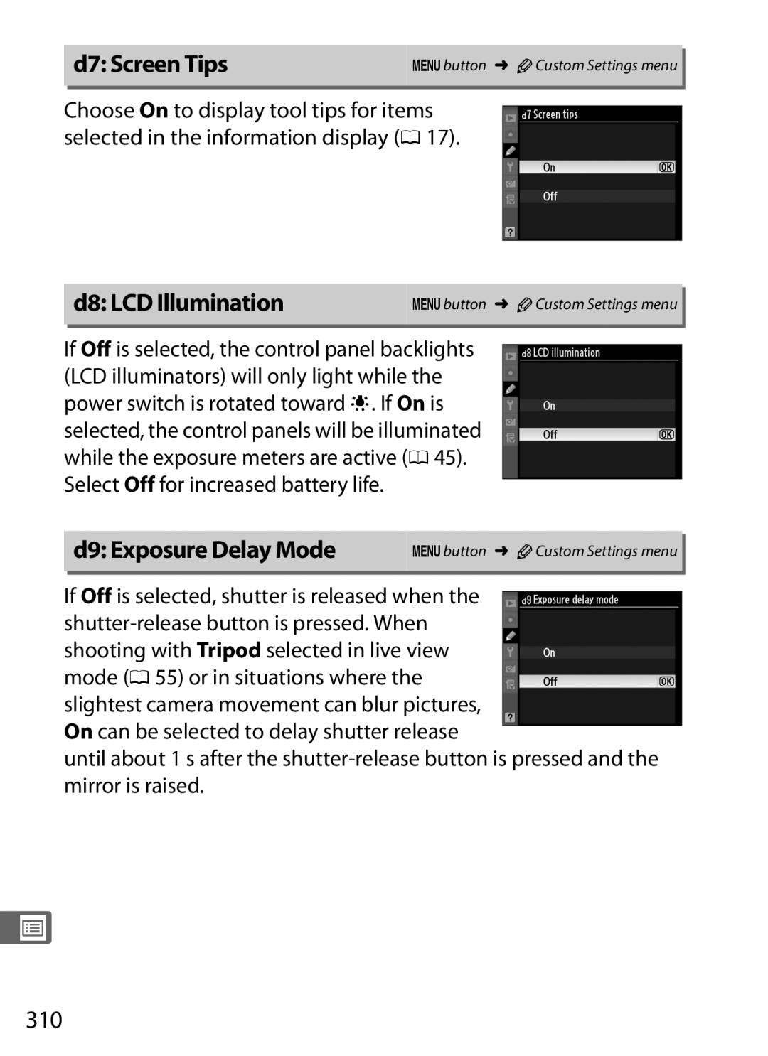 Nikon 6MB07411-03 user manual D7 Screen Tips, D8 LCD Illumination, D9 Exposure Delay Mode, 310 