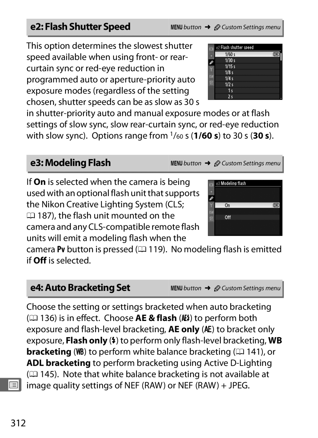 Nikon 6MB07411-03 user manual E2 Flash Shutter Speed, E3 Modeling Flash, E4 Auto Bracketing Set, 312 