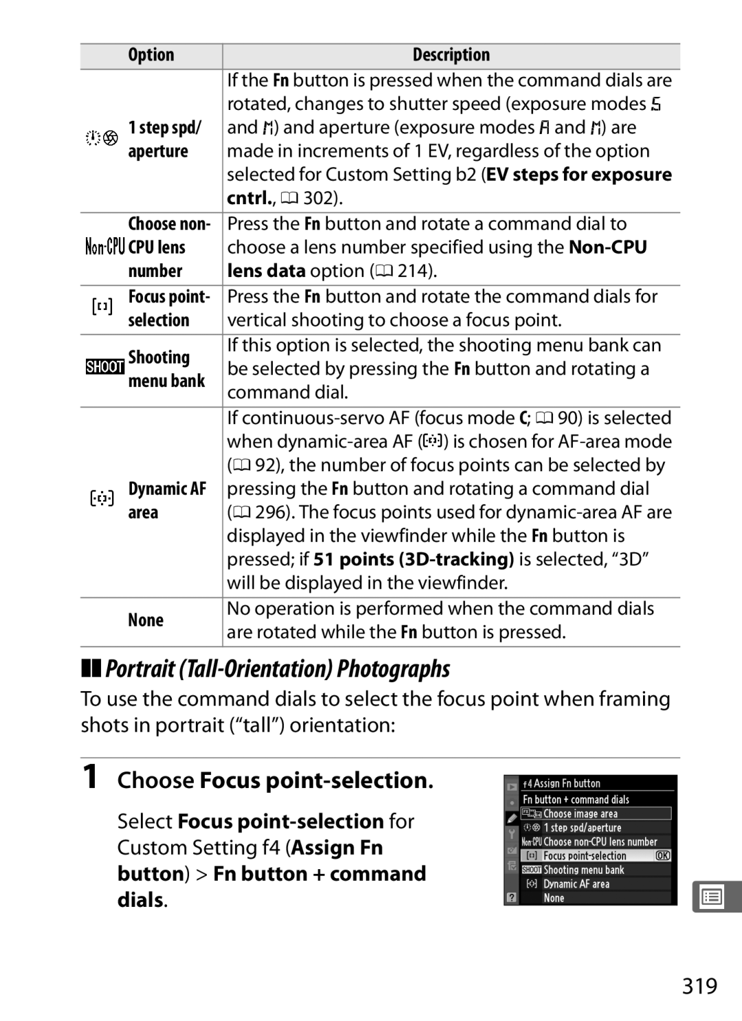 Nikon 6MB07411-03 user manual Portrait Tall-Orientation Photographs, Choose Focus point-selection, 319 