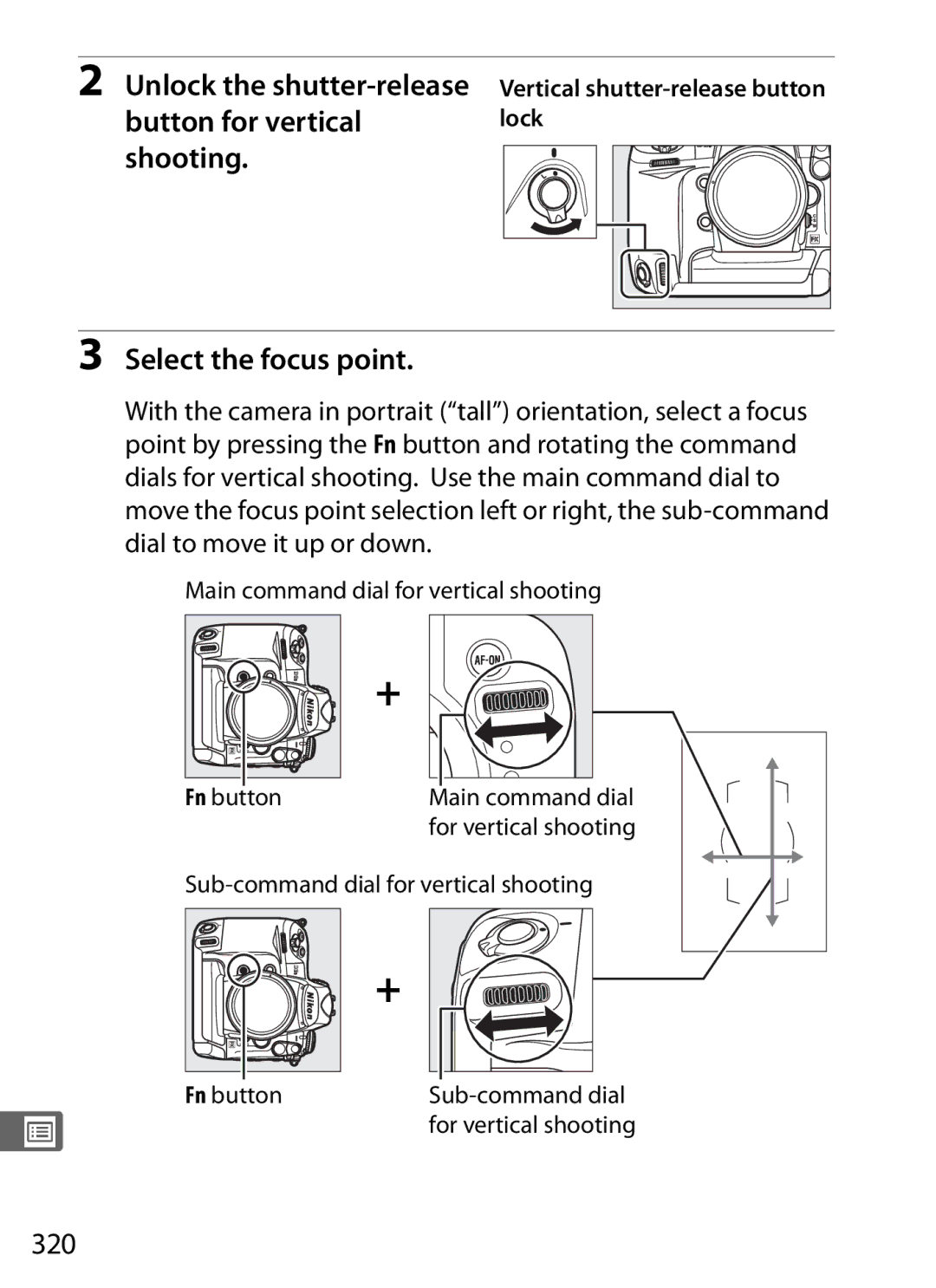 Nikon 6MB07411-03 user manual Button for vertical, Shooting Select the focus point, 320, Unlock the shutter-release, Lock 