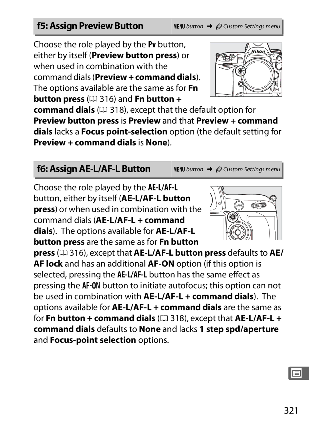 Nikon 6MB07411-03 F5 Assign Preview Button, F6 Assign AE-L/AF-L Button, 321, Choose the role played by the AE-L/AF-L 